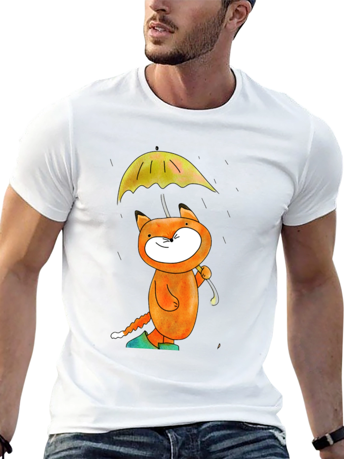 Cat with Umbrella Black T-Shirt