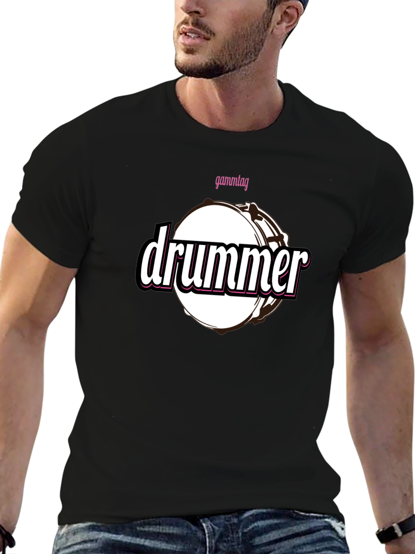 Drummer T-Shirt - Black Cotton Tee with Drum Graphic