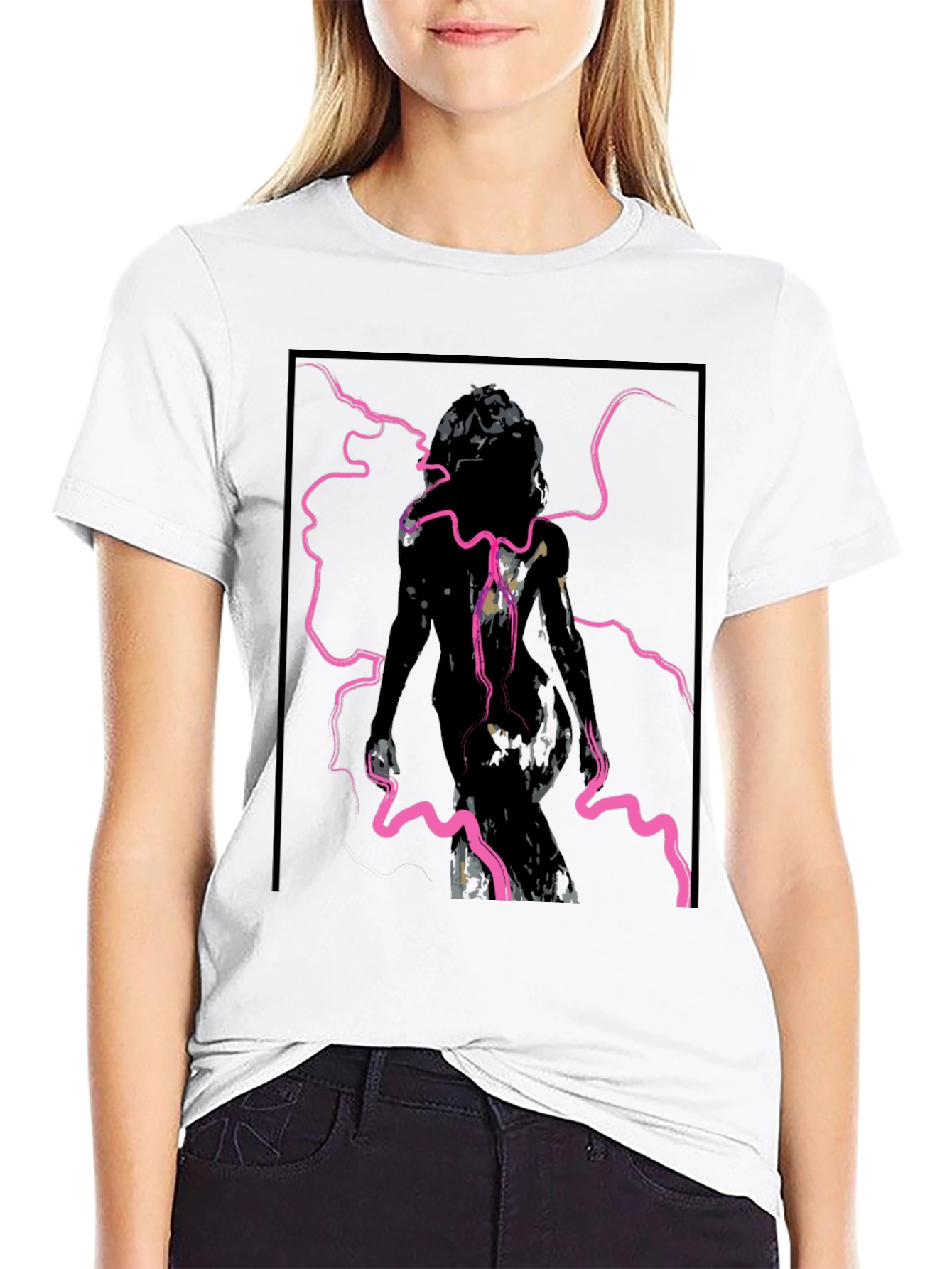 Edgy Graphic Tee - Abstract Figure in Pink Lightning