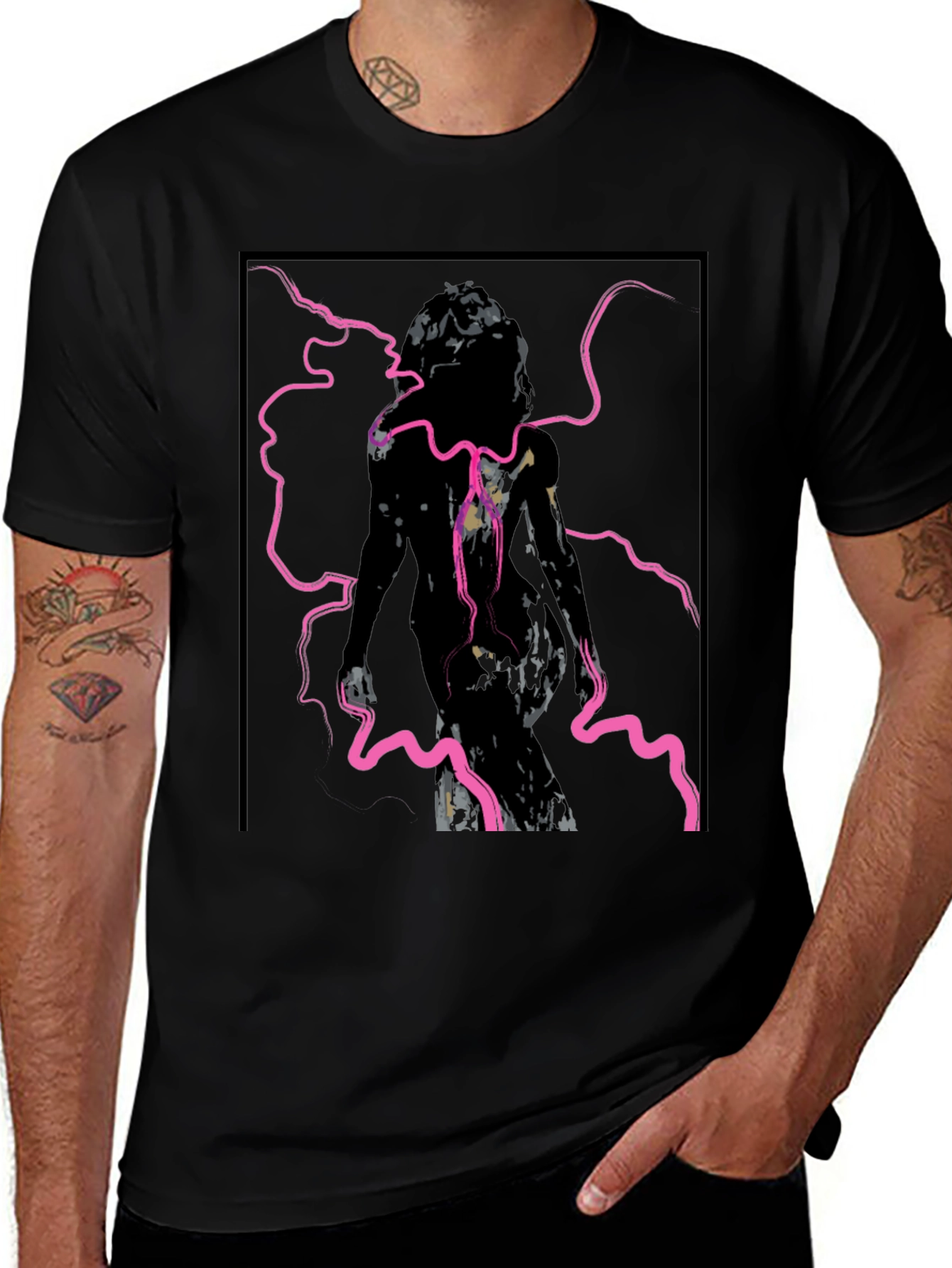 Edgy Graphic Tee - Abstract Figure in Pink Lightning