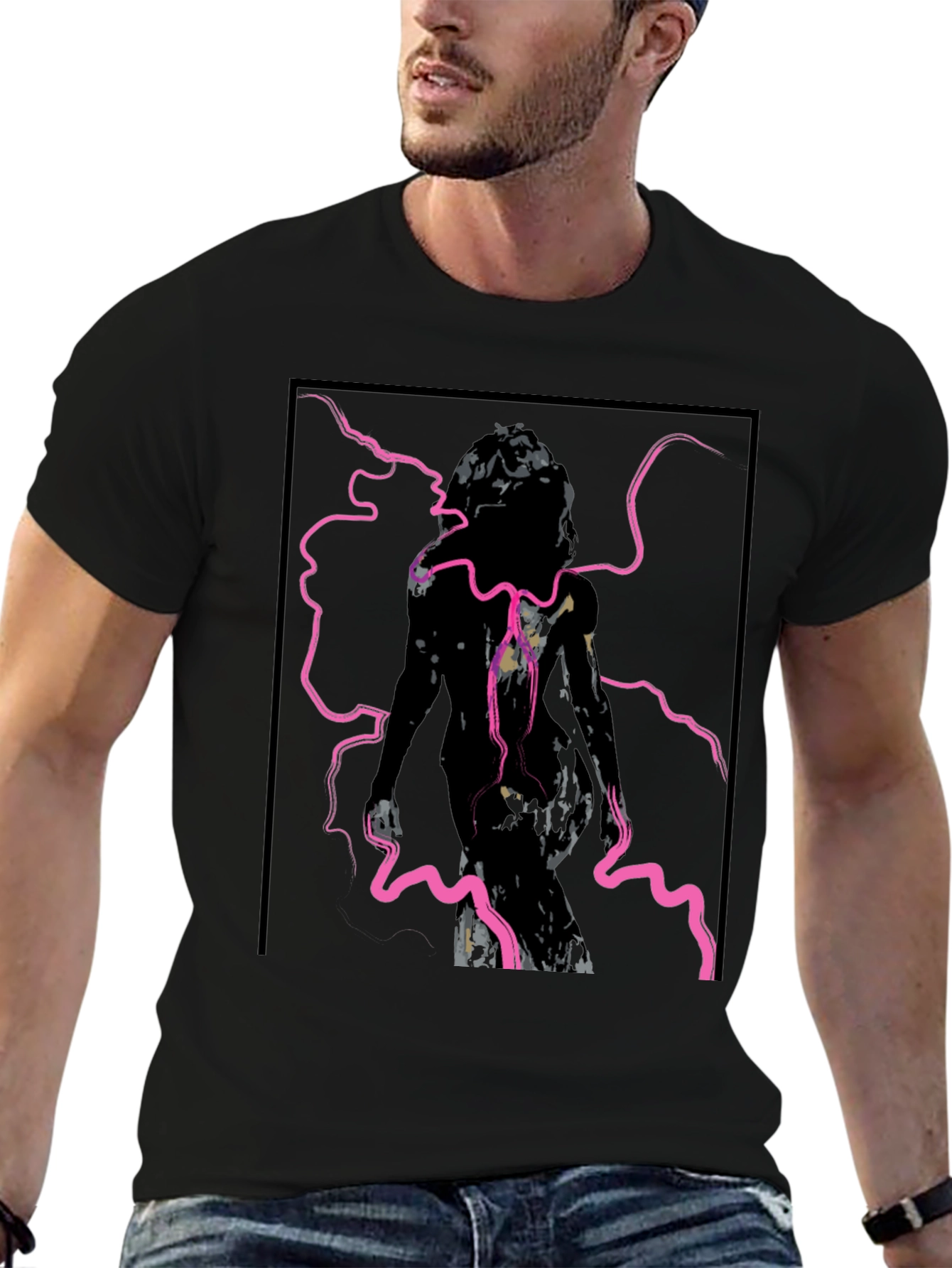 Edgy Graphic Tee - Abstract Figure in Pink Lightning