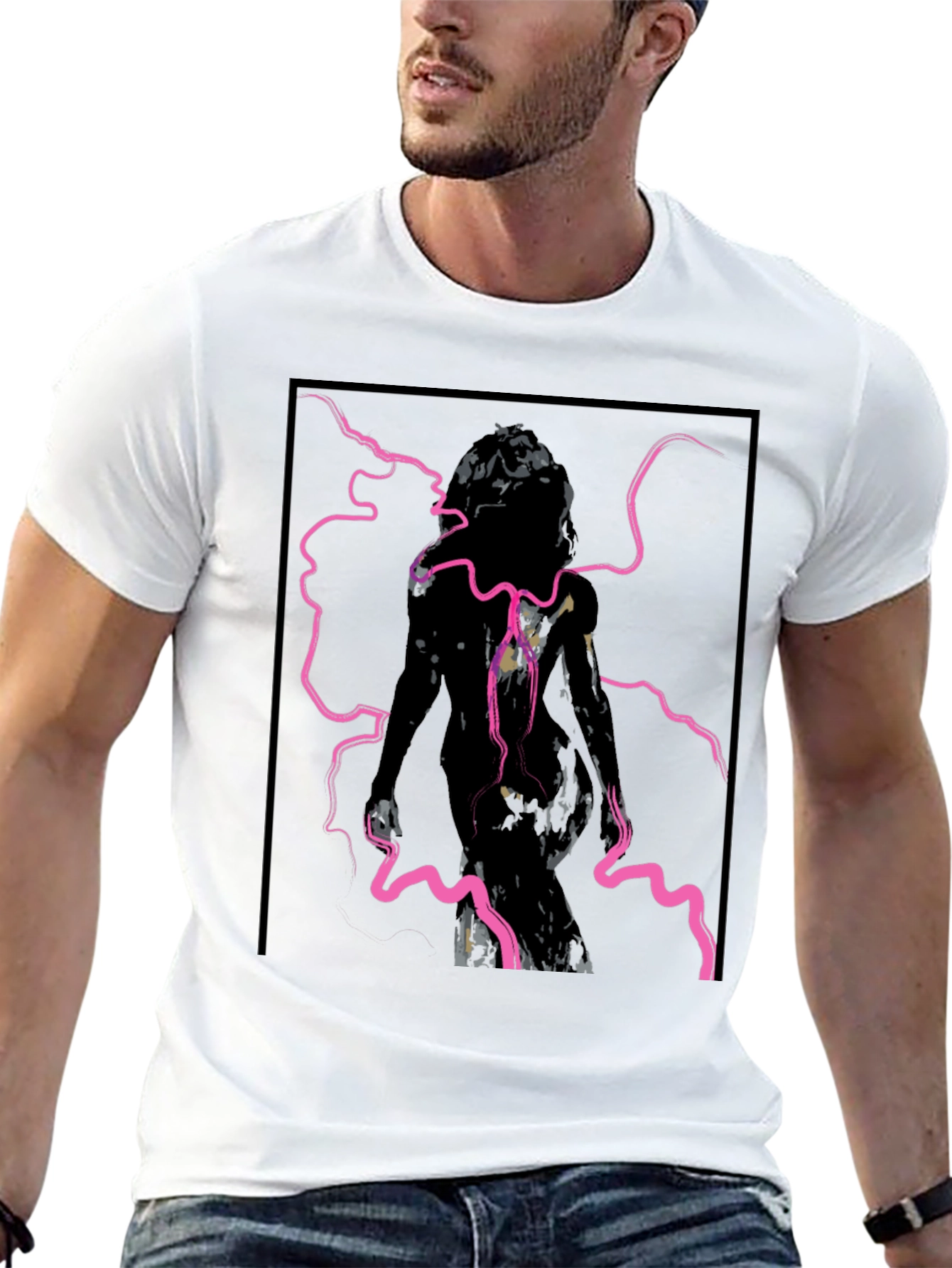 Edgy Graphic Tee - Abstract Figure in Pink Lightning