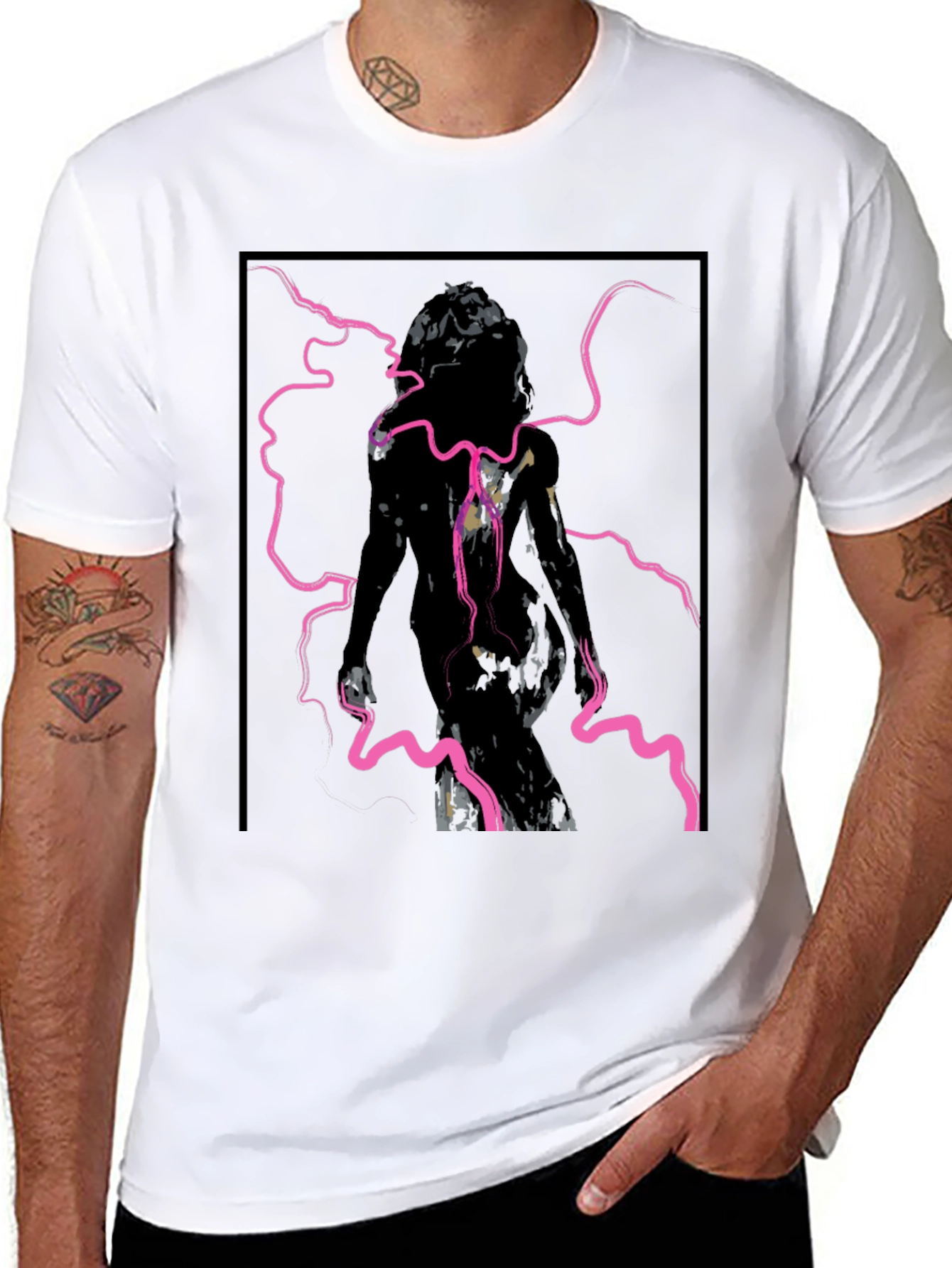 Edgy Graphic Tee - Abstract Figure in Pink Lightning
