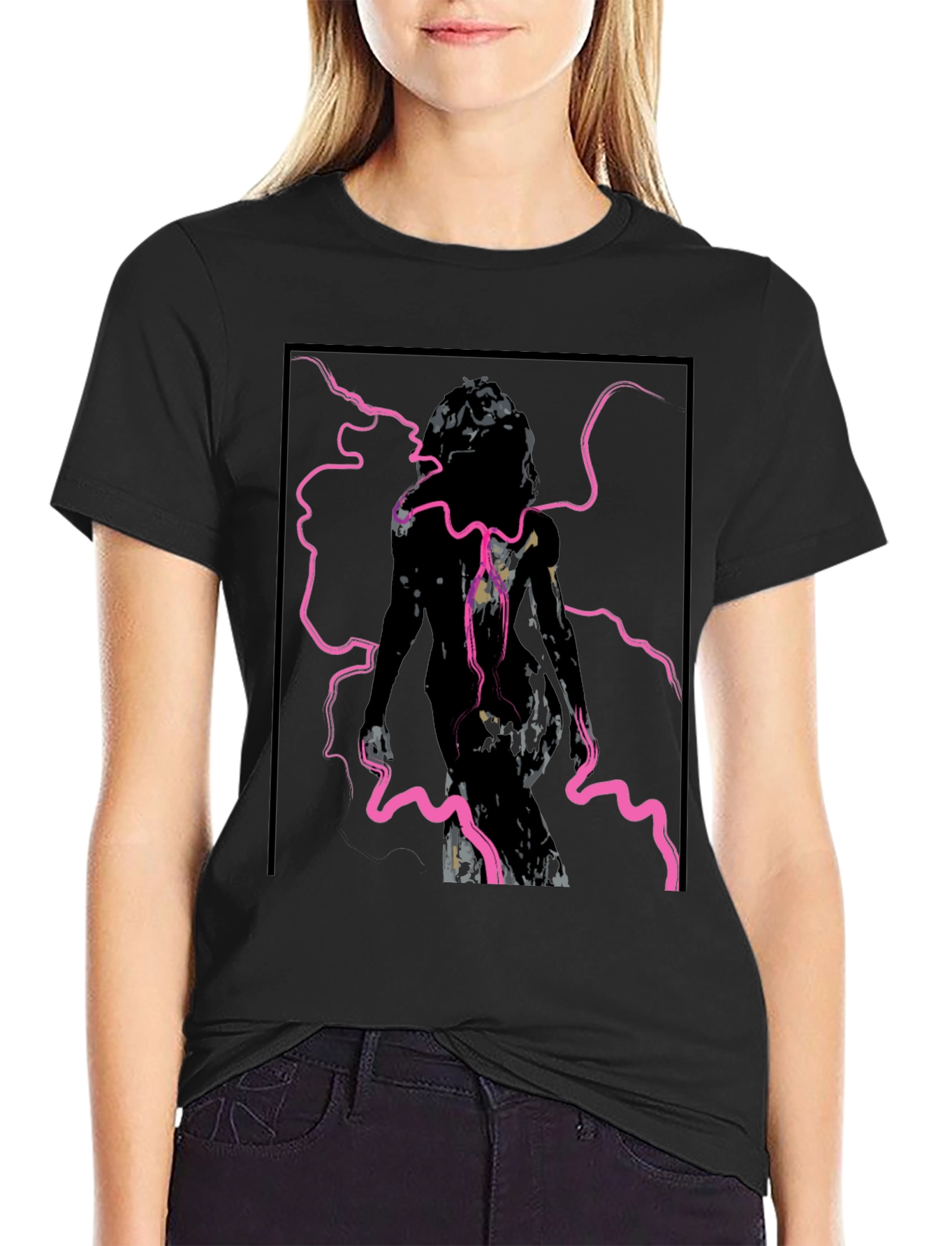 Edgy Graphic Tee - Abstract Figure in Pink Lightning