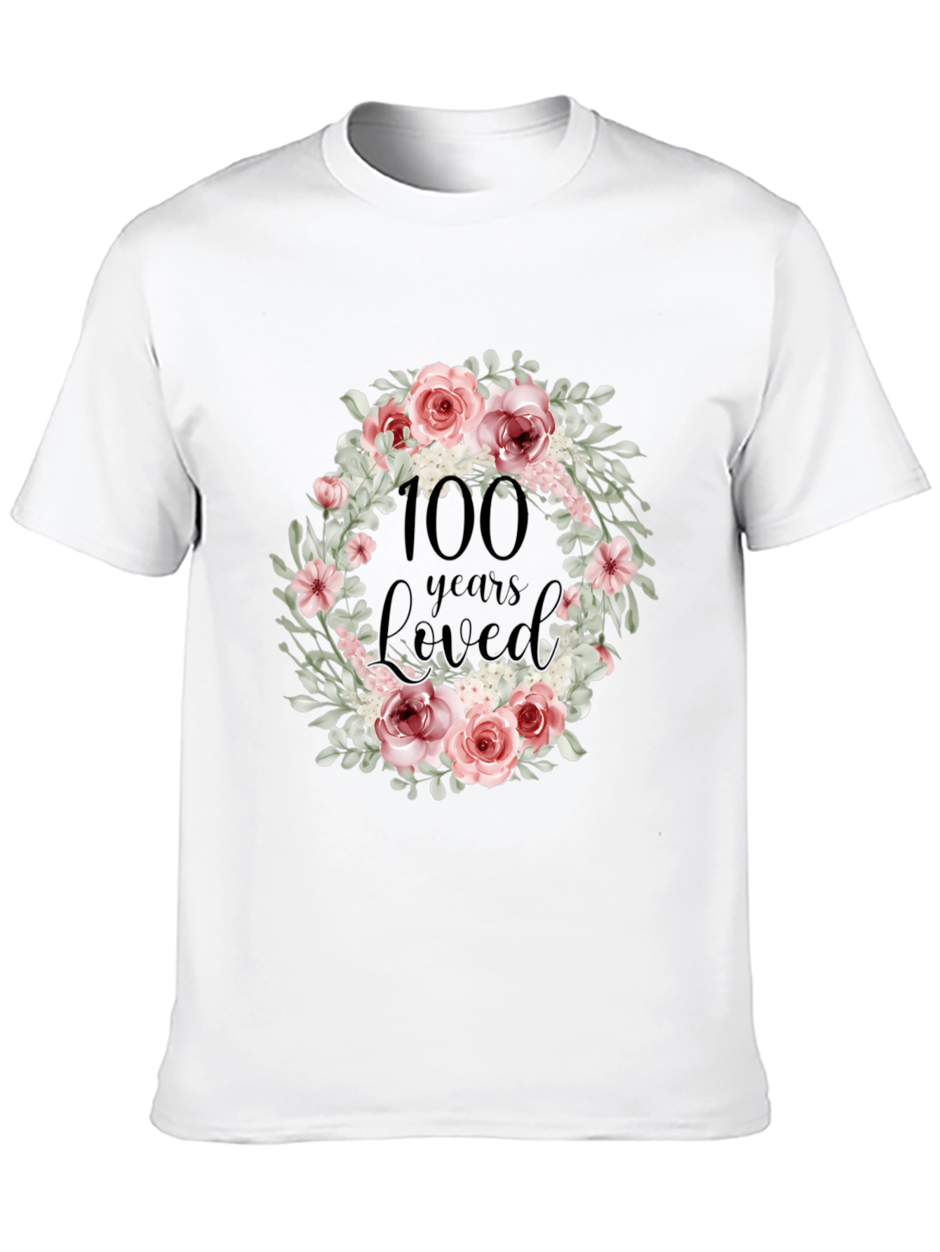 100 Years Loved Floral Wreath Black T-Shirt