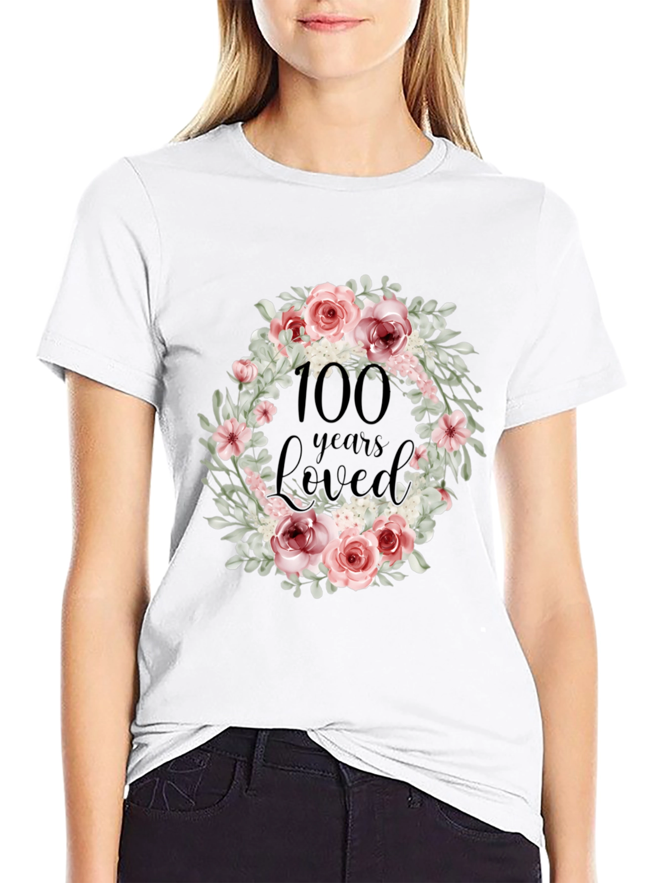 100 Years Loved Floral Wreath Black T-Shirt