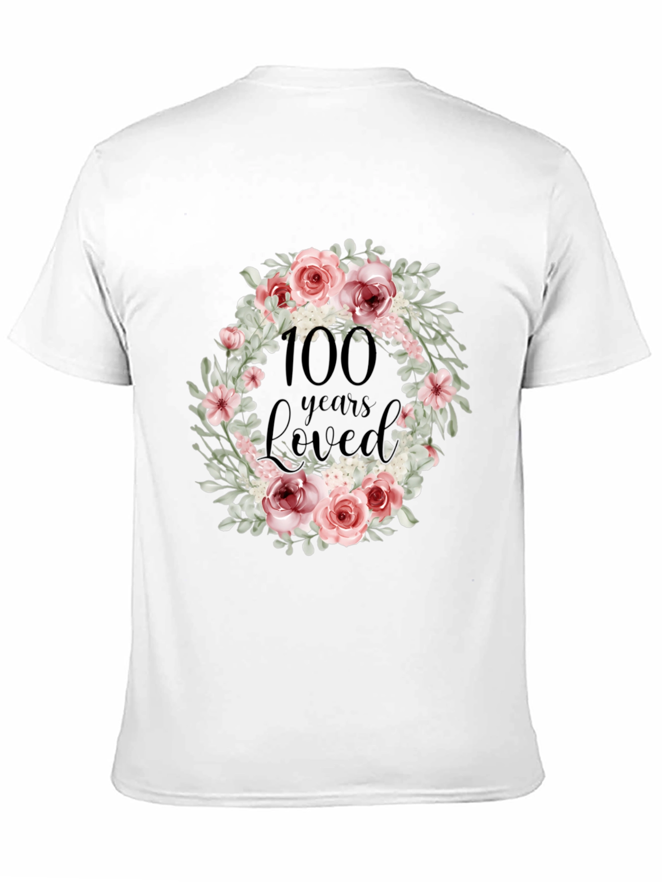 100 Years Loved Floral Wreath Black T-Shirt