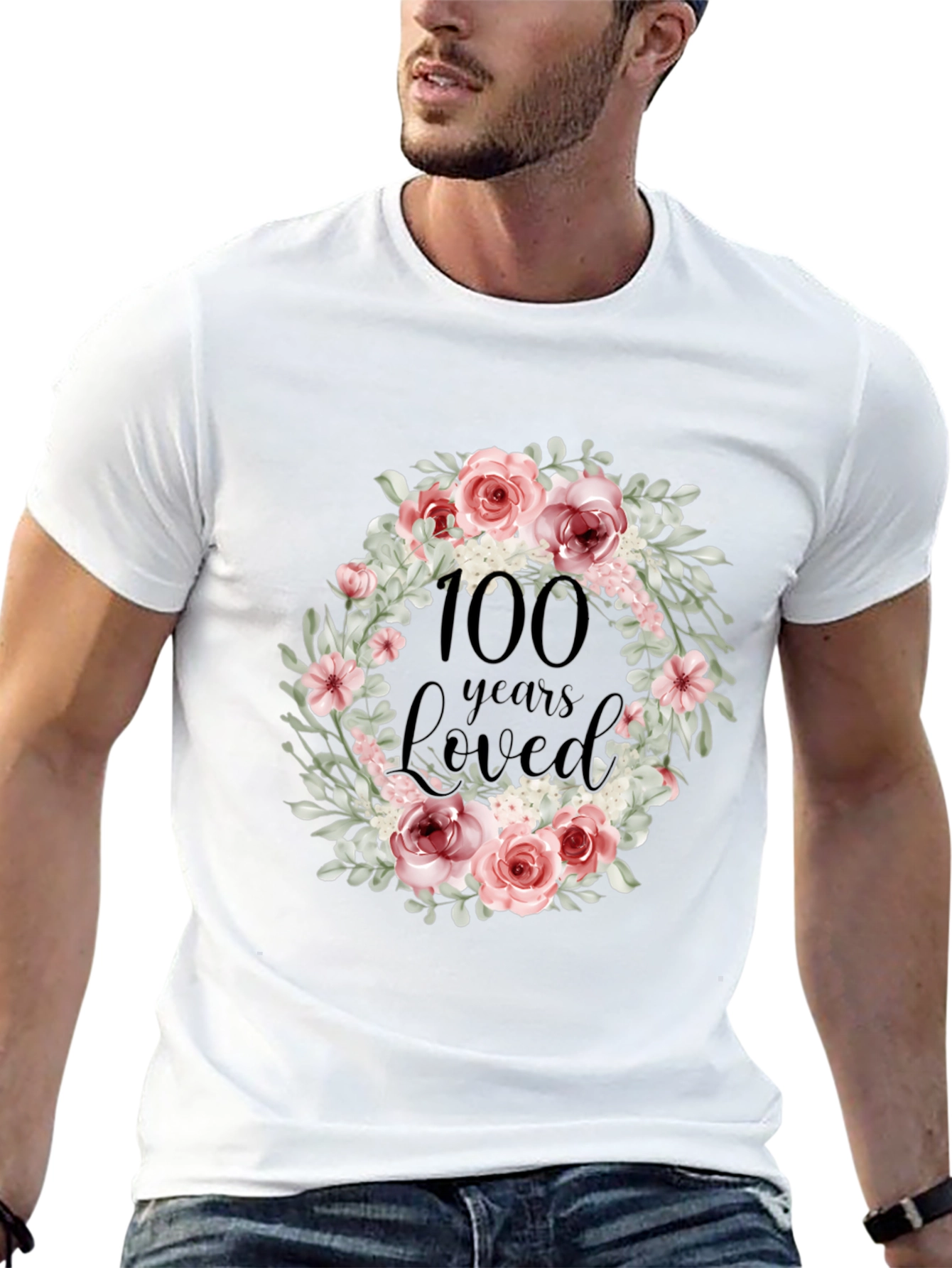 100 Years Loved Floral Wreath Black T-Shirt