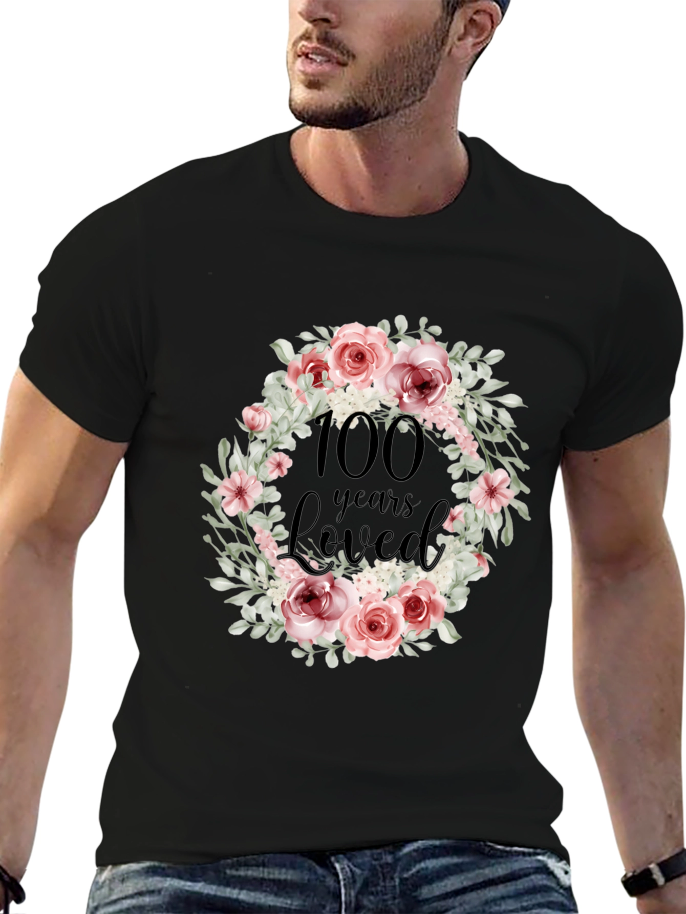 100 Years Loved Floral Wreath Black T-Shirt