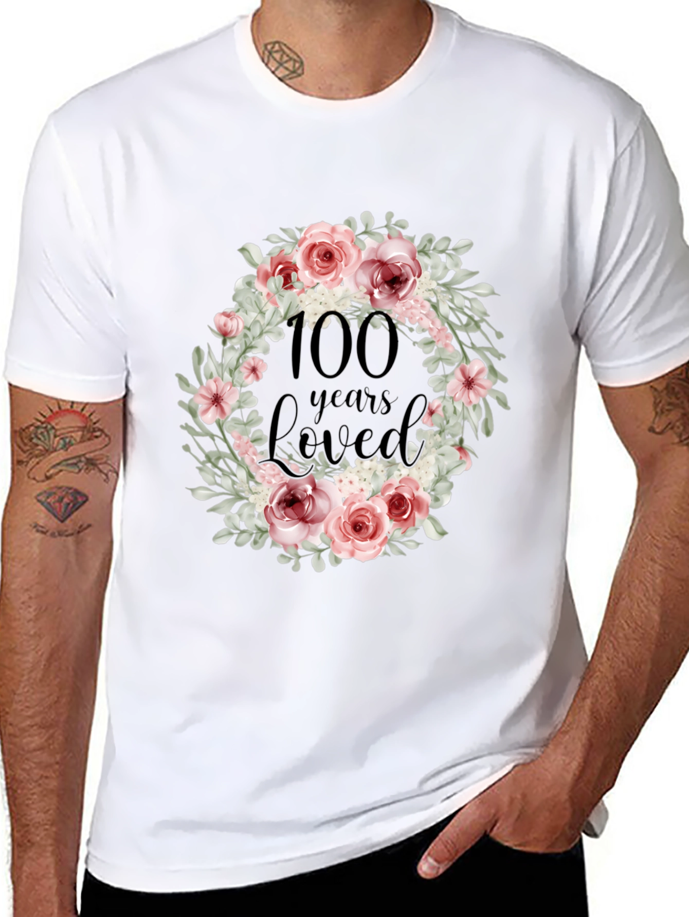 100 Years Loved Floral Wreath Black T-Shirt