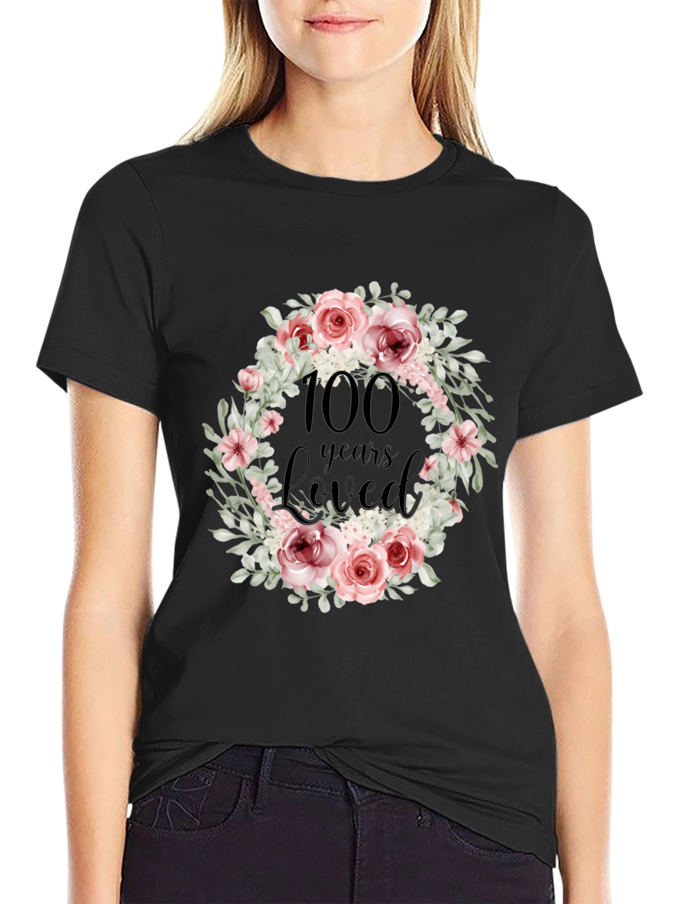 100 Years Loved Floral Wreath Black T-Shirt
