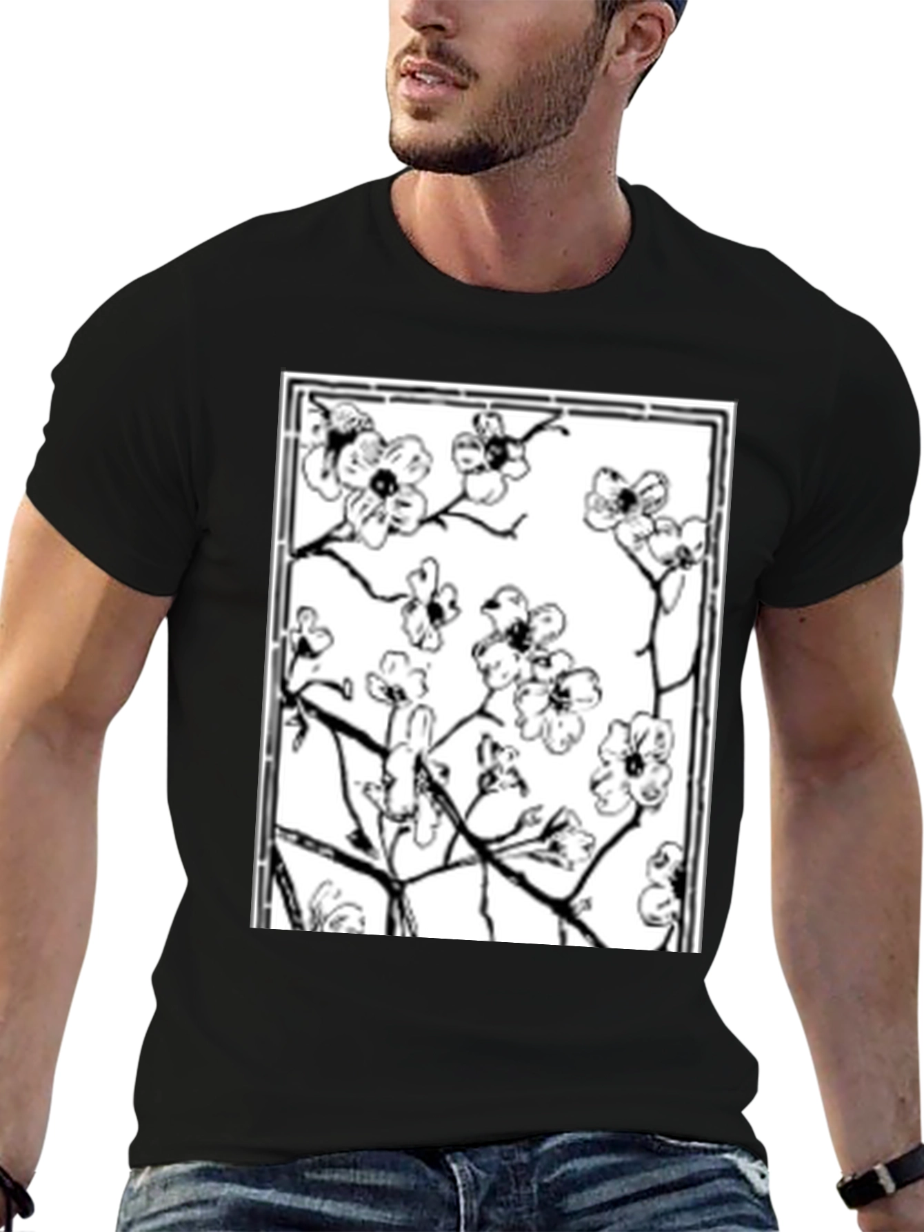 Floral Graphic Tee - Black Cotton Shirt