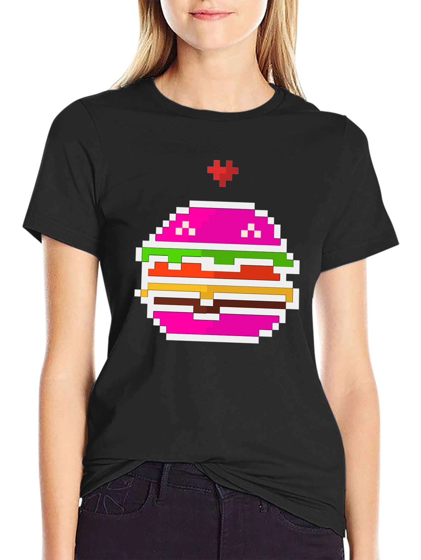 Pixel Burger Black T-Shirt - Retro Gaming Style