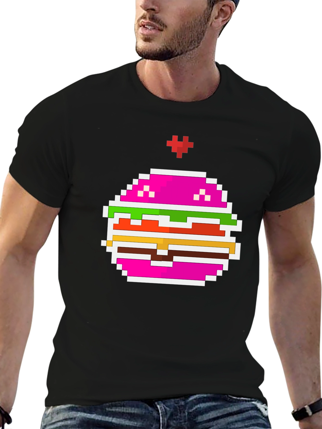 Pixel Burger Black T-Shirt - Retro Gaming Style