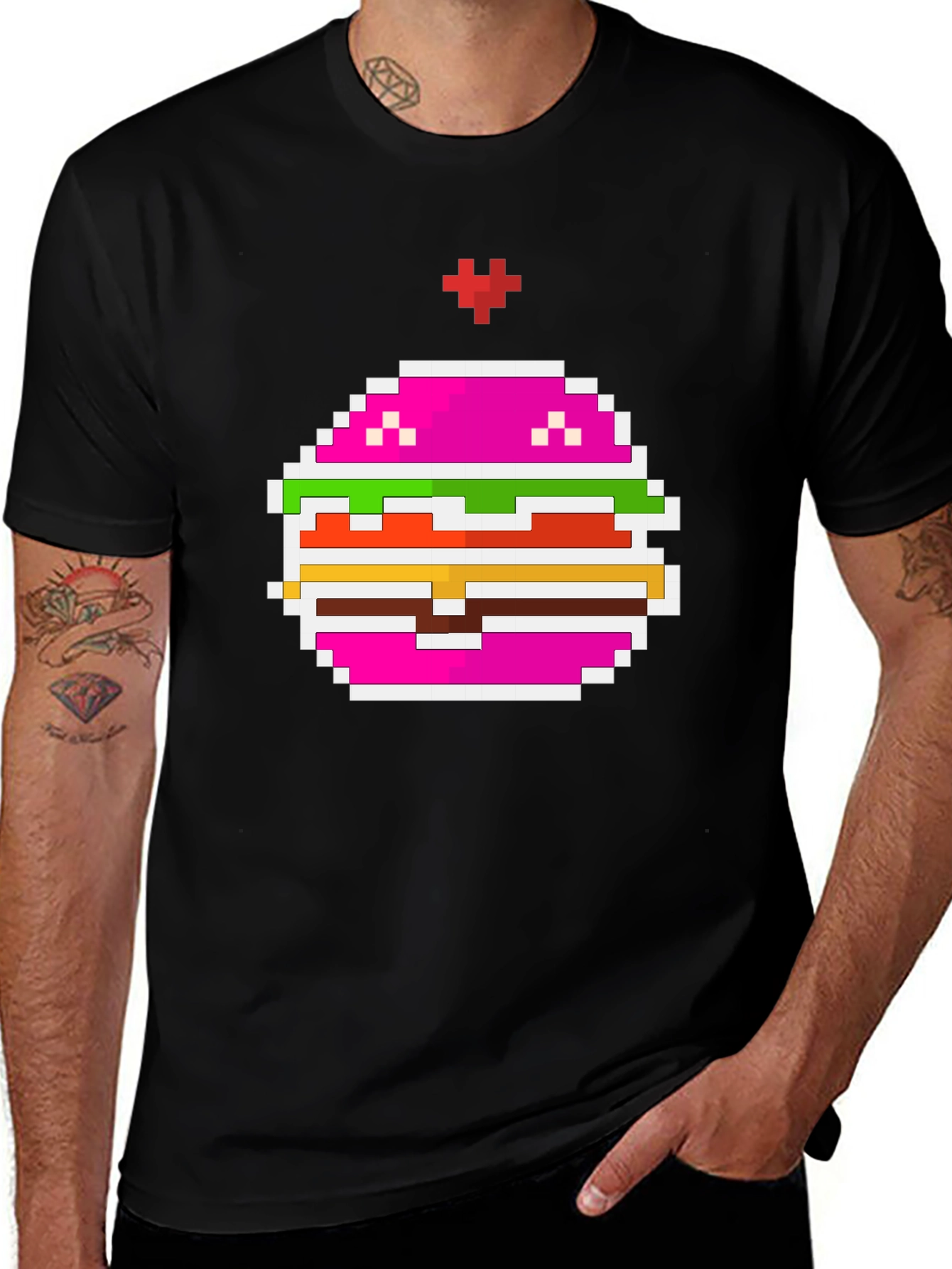 Pixel Burger Black T-Shirt - Retro Gaming Style