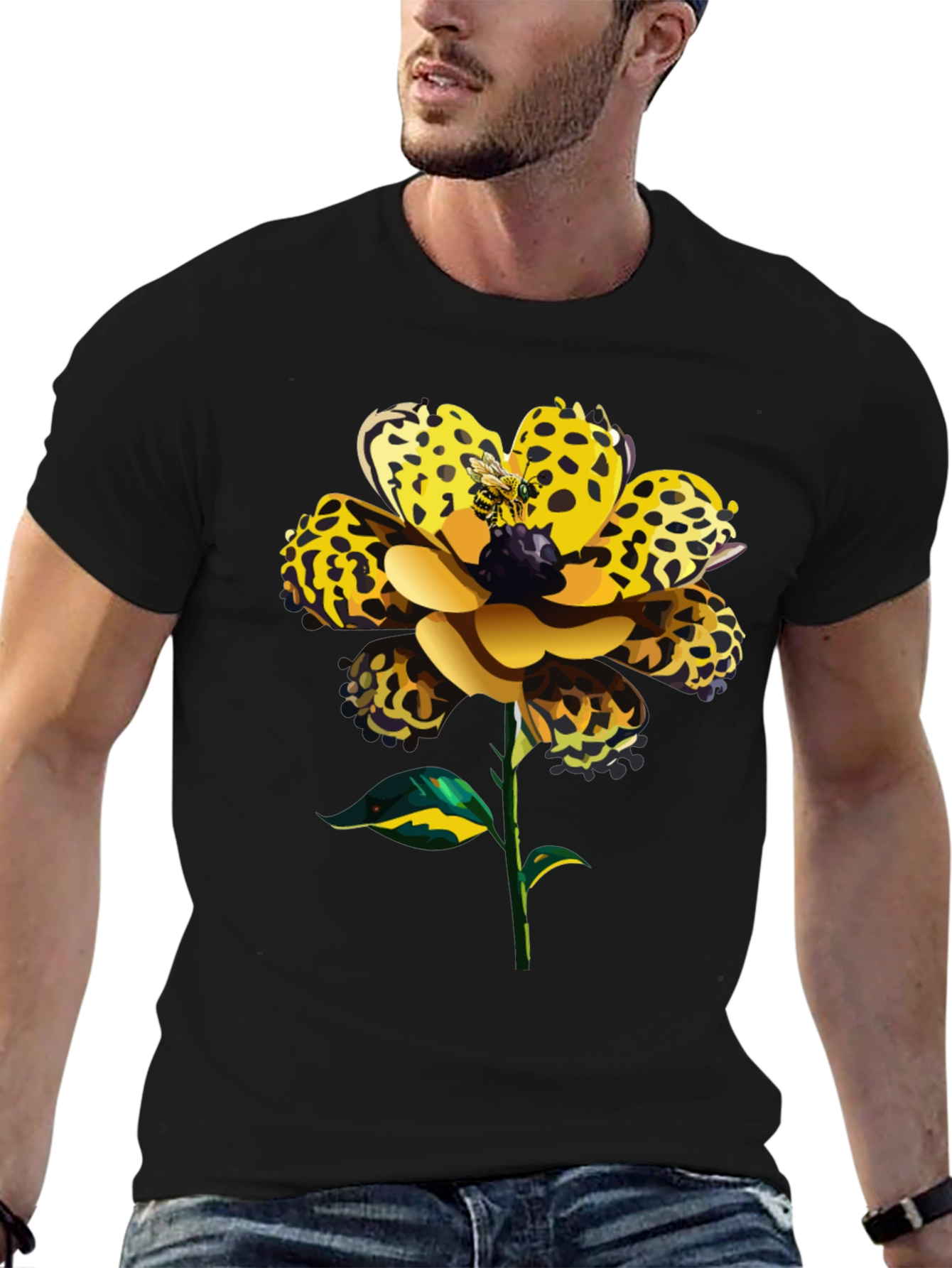 Leopard Print Flower Graphic Black Tee