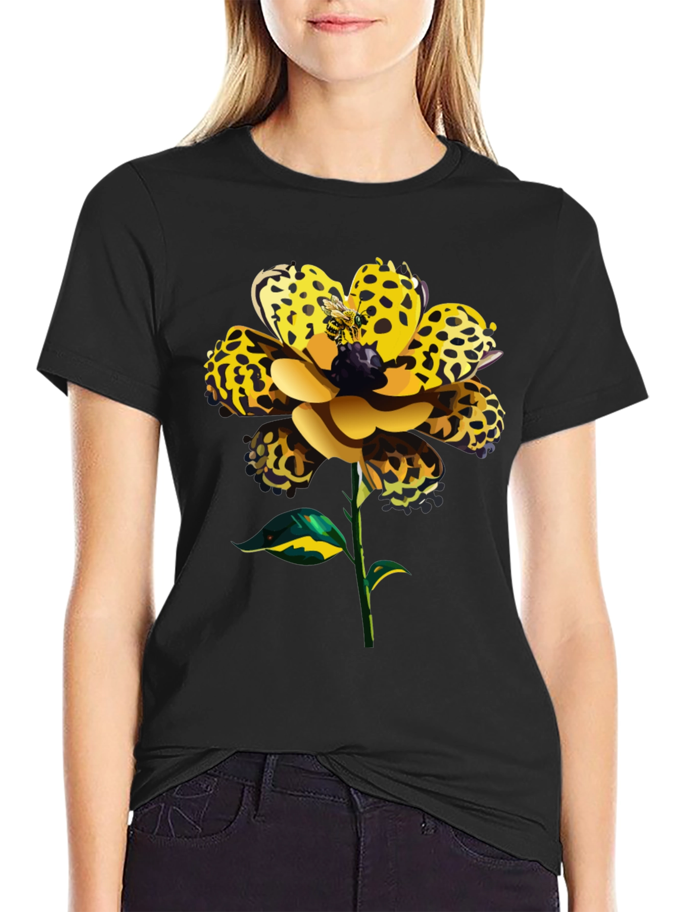 Leopard Print Flower Graphic Black Tee