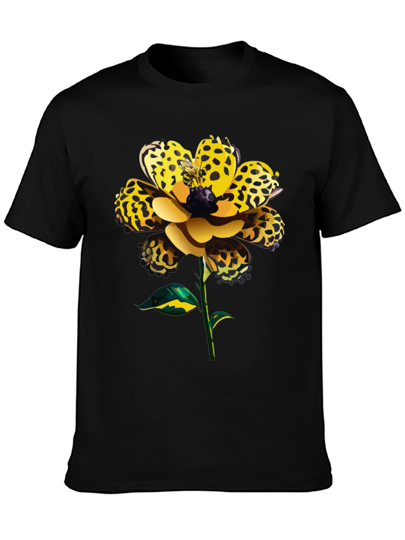 Leopard Print Flower Graphic Black Tee