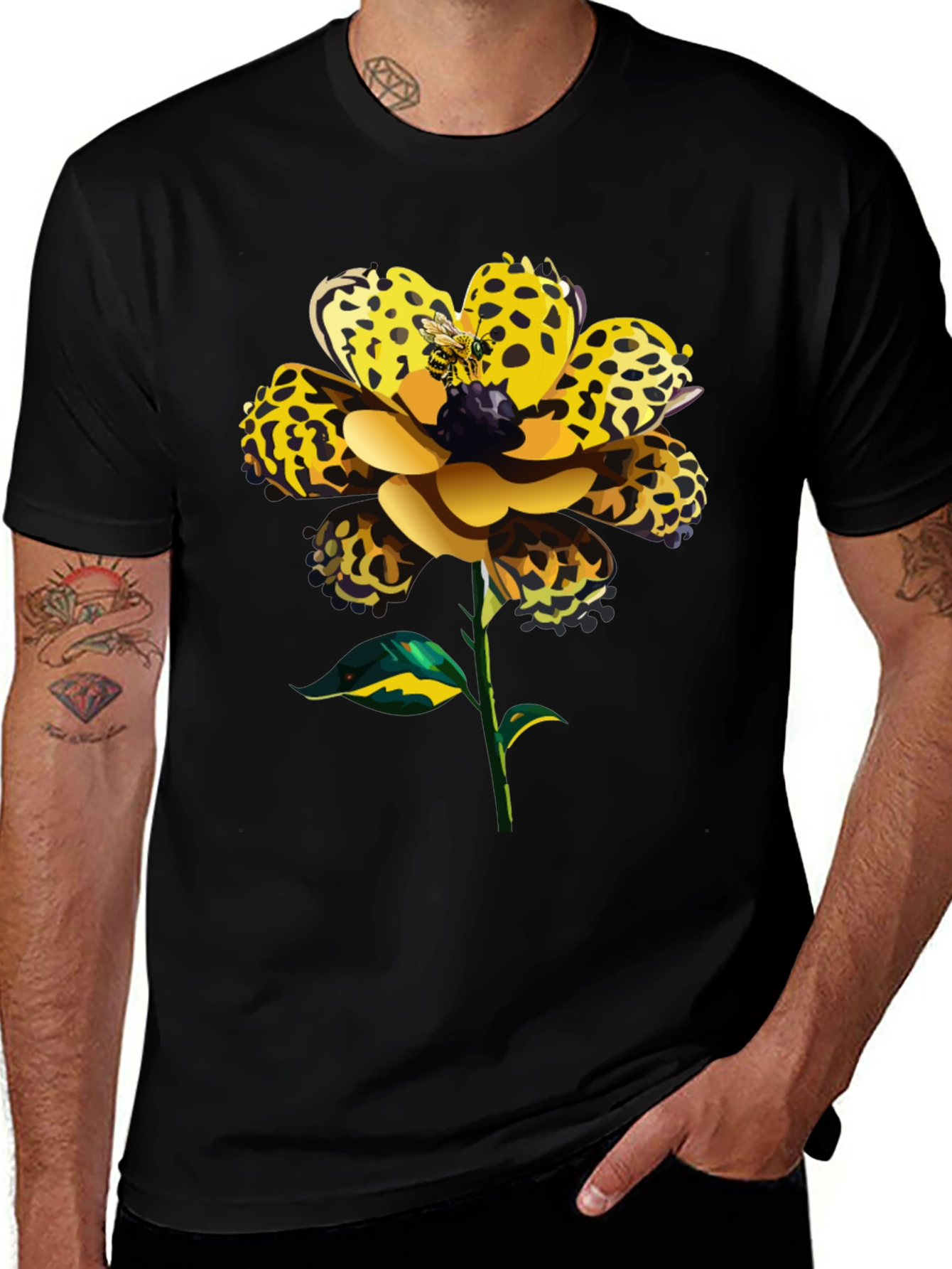 Leopard Print Flower Graphic Black Tee