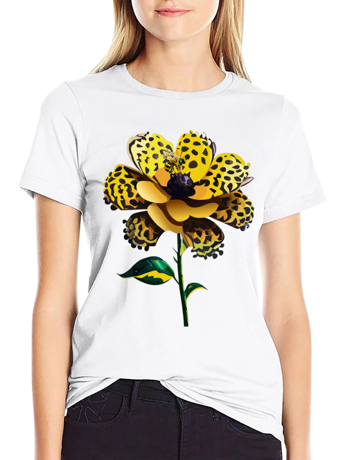 Leopard Print Flower Graphic Black Tee