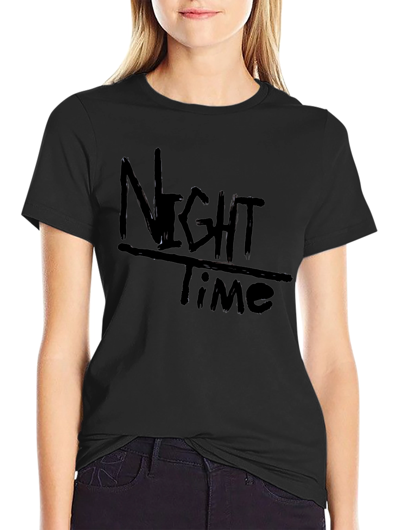 Night Time Black Graphic Tee Casual Comfort Style