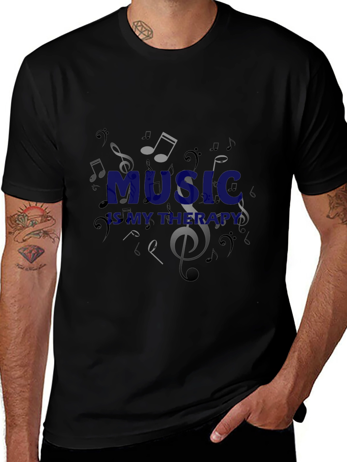 Music is My Therapy Black Graphic T-Shirt