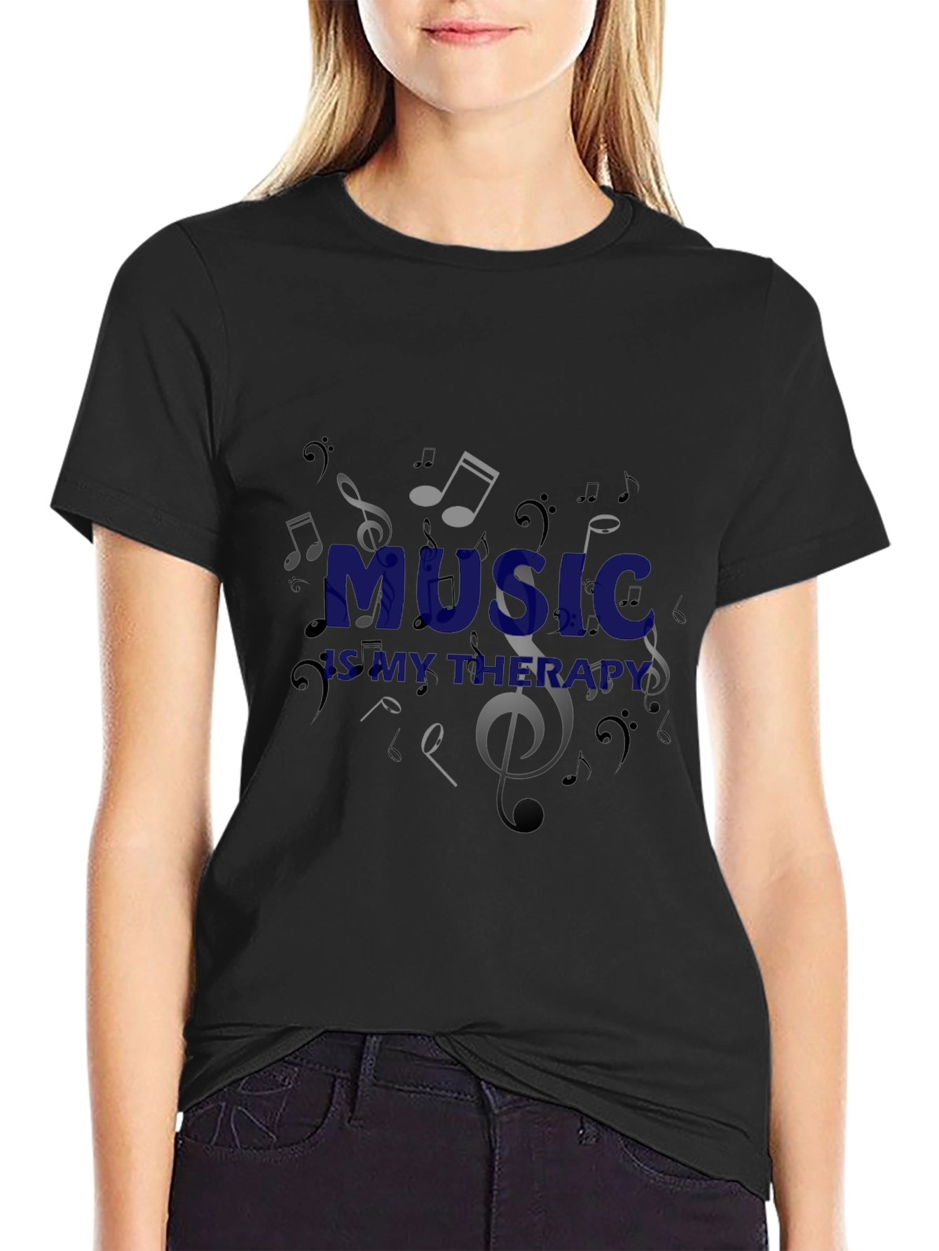 Music is My Therapy Black Graphic T-Shirt