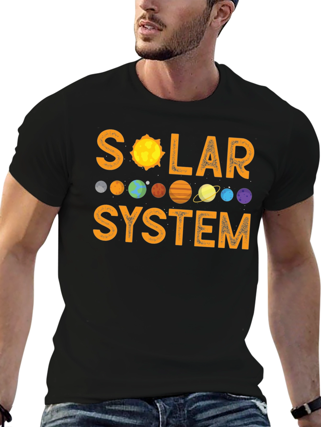 Solar System Graphic Print Black T-Shirt