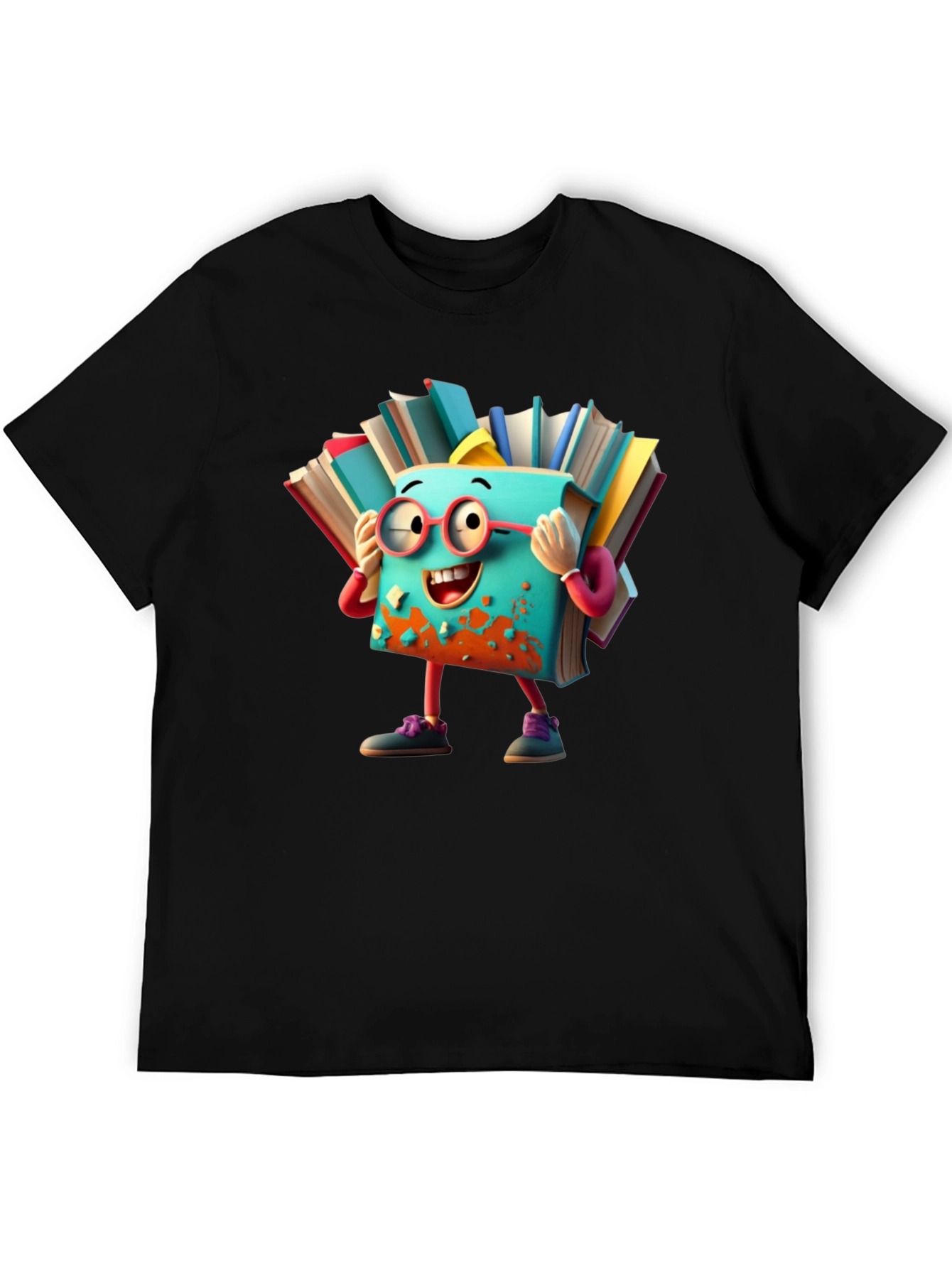 Whimsical Book Character T-Shirt - Black
