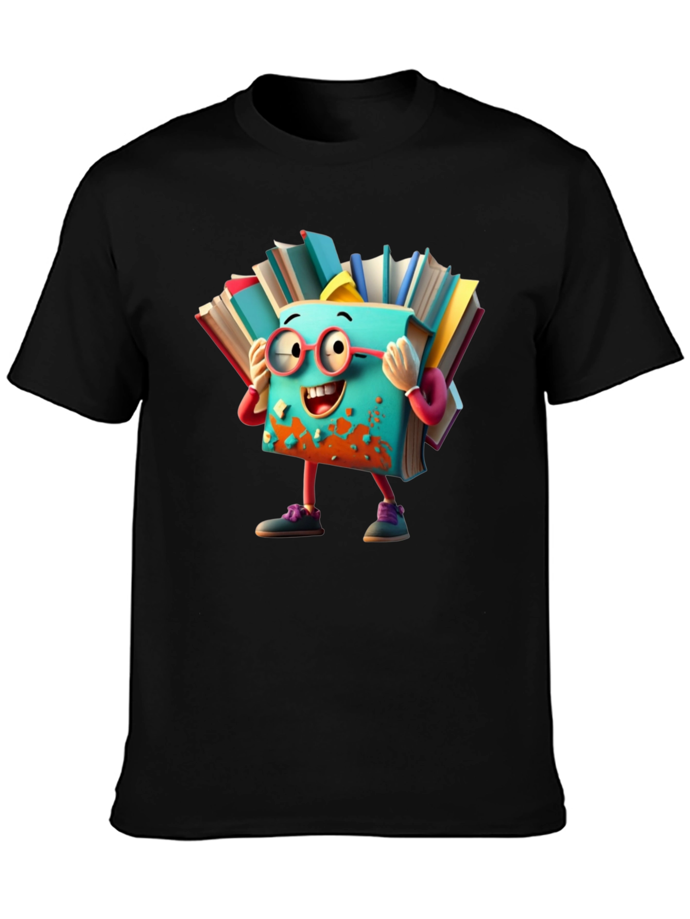 Whimsical Book Character T-Shirt - Black
