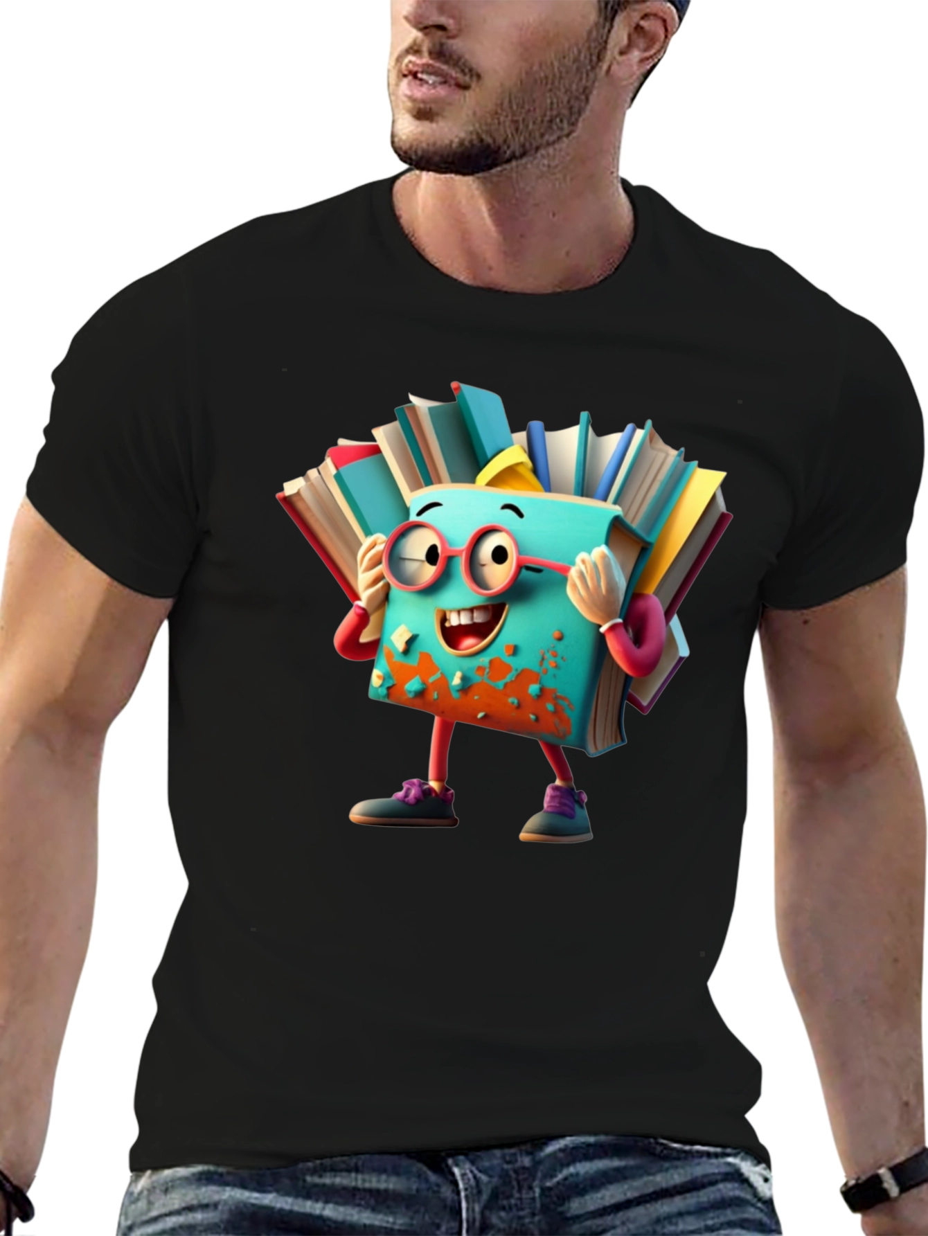 Whimsical Book Character T-Shirt - Black