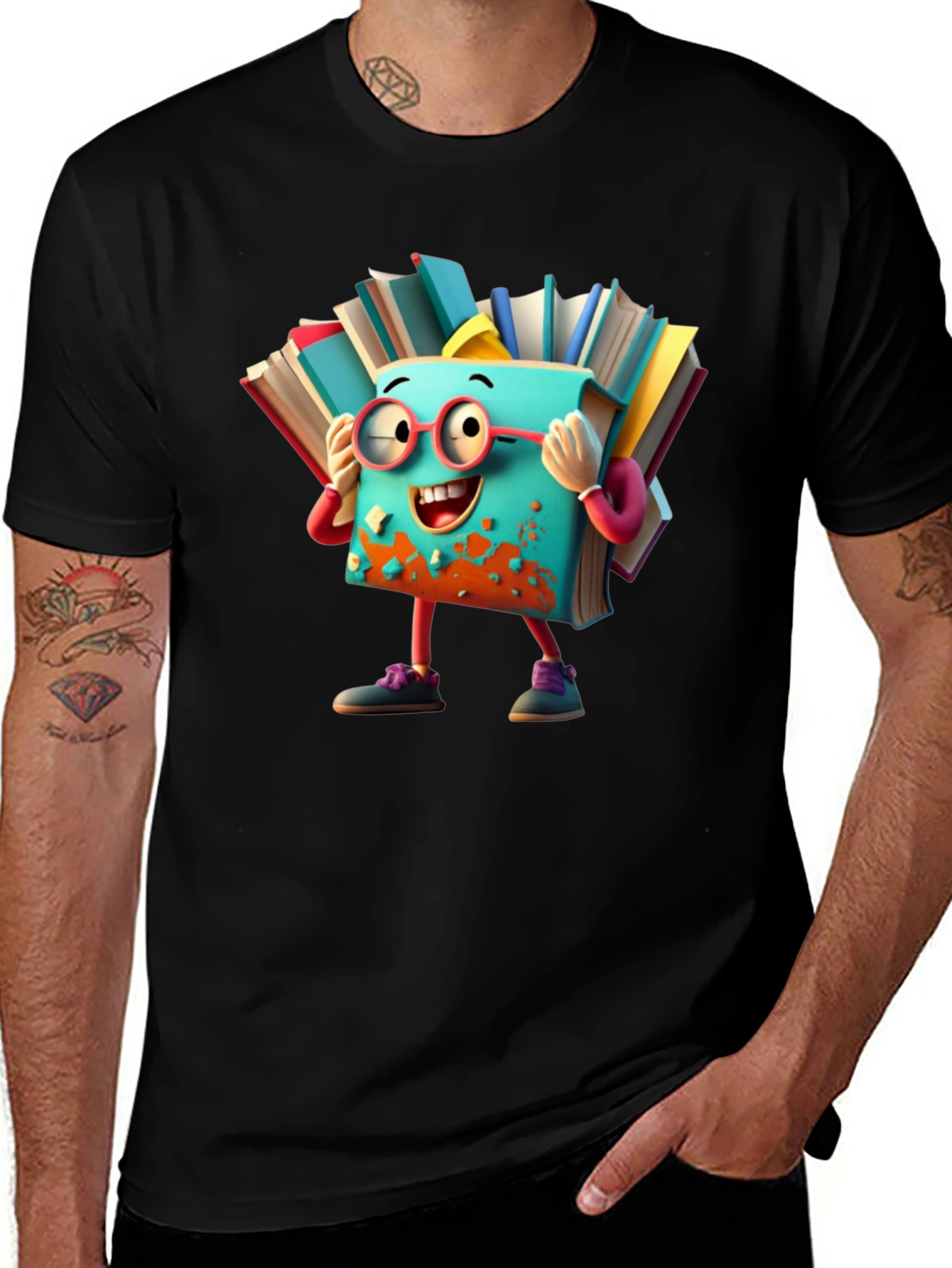 Whimsical Book Character T-Shirt - Black