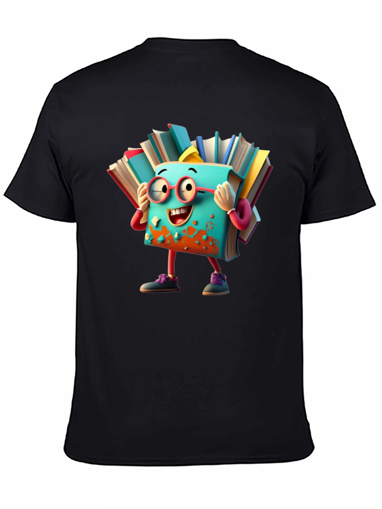 Whimsical Book Character T-Shirt - Black