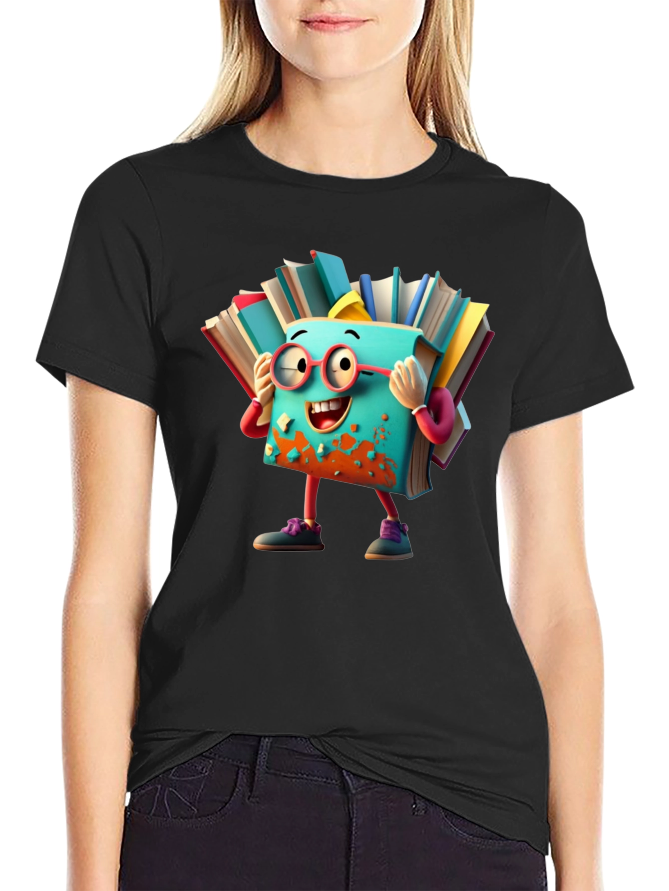Whimsical Book Character T-Shirt - Black