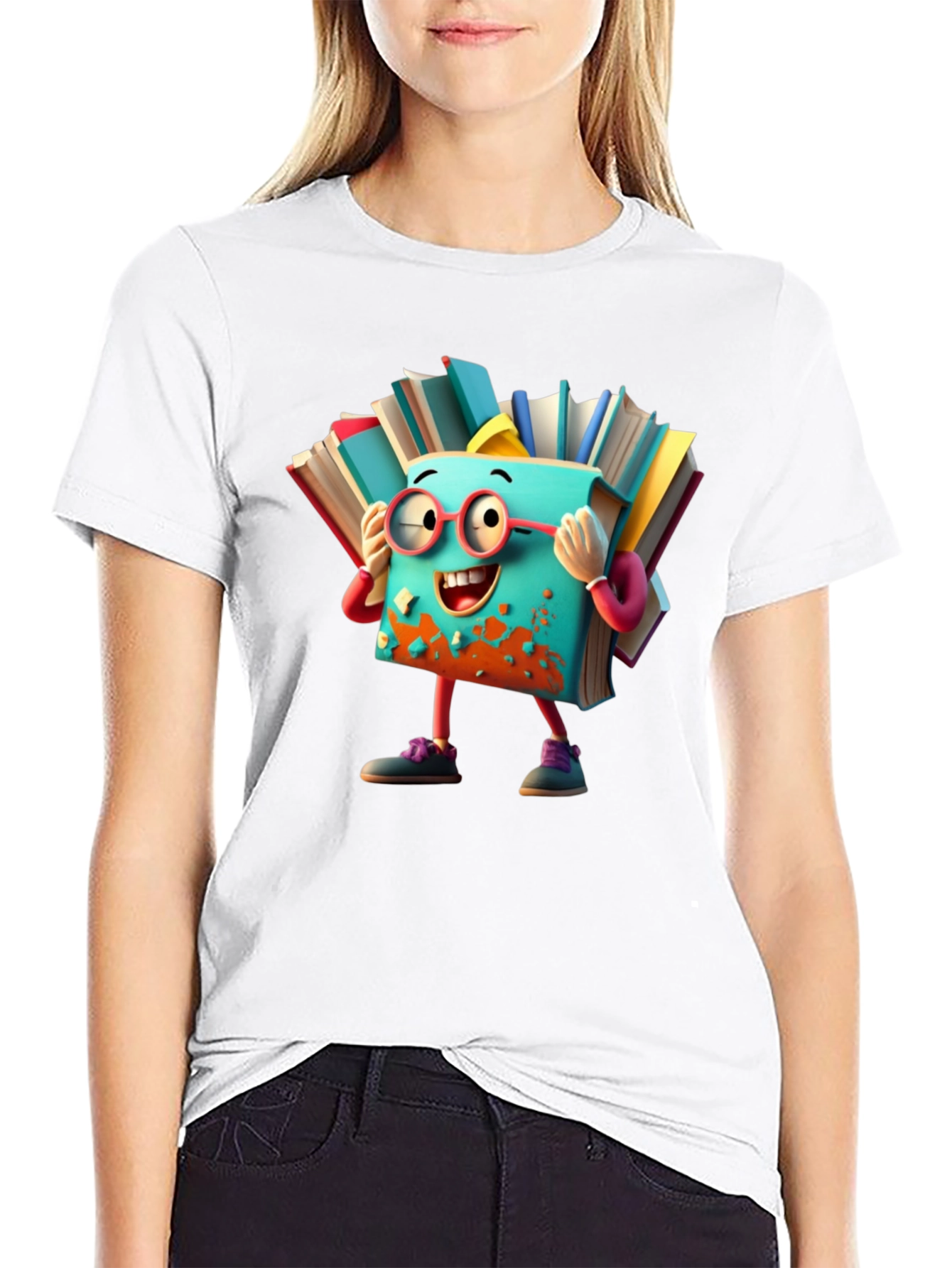 Whimsical Book Character T-Shirt - Black