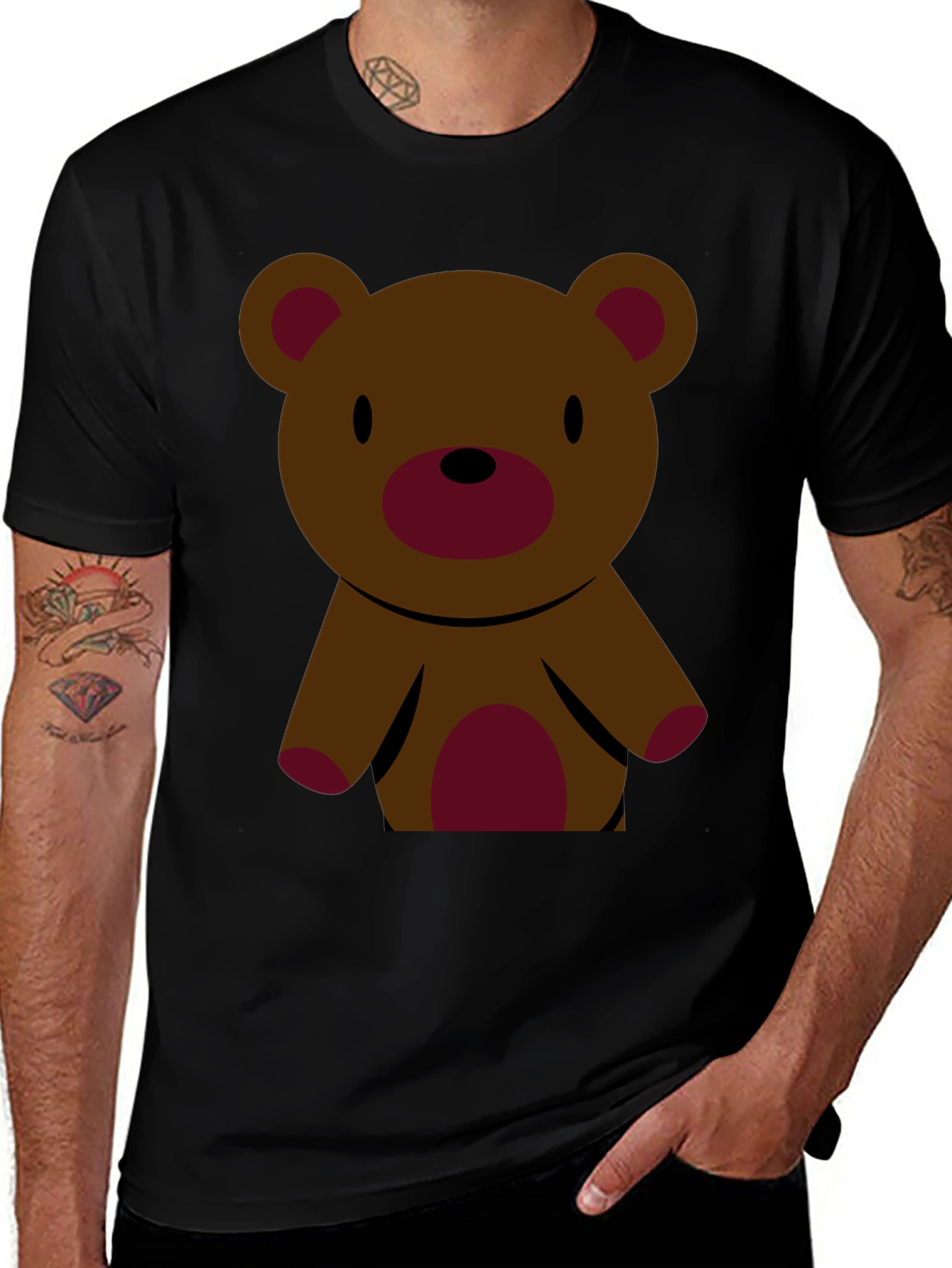 Cute Teddy Bear Graphic Tee - Black Cotton T-Shirt