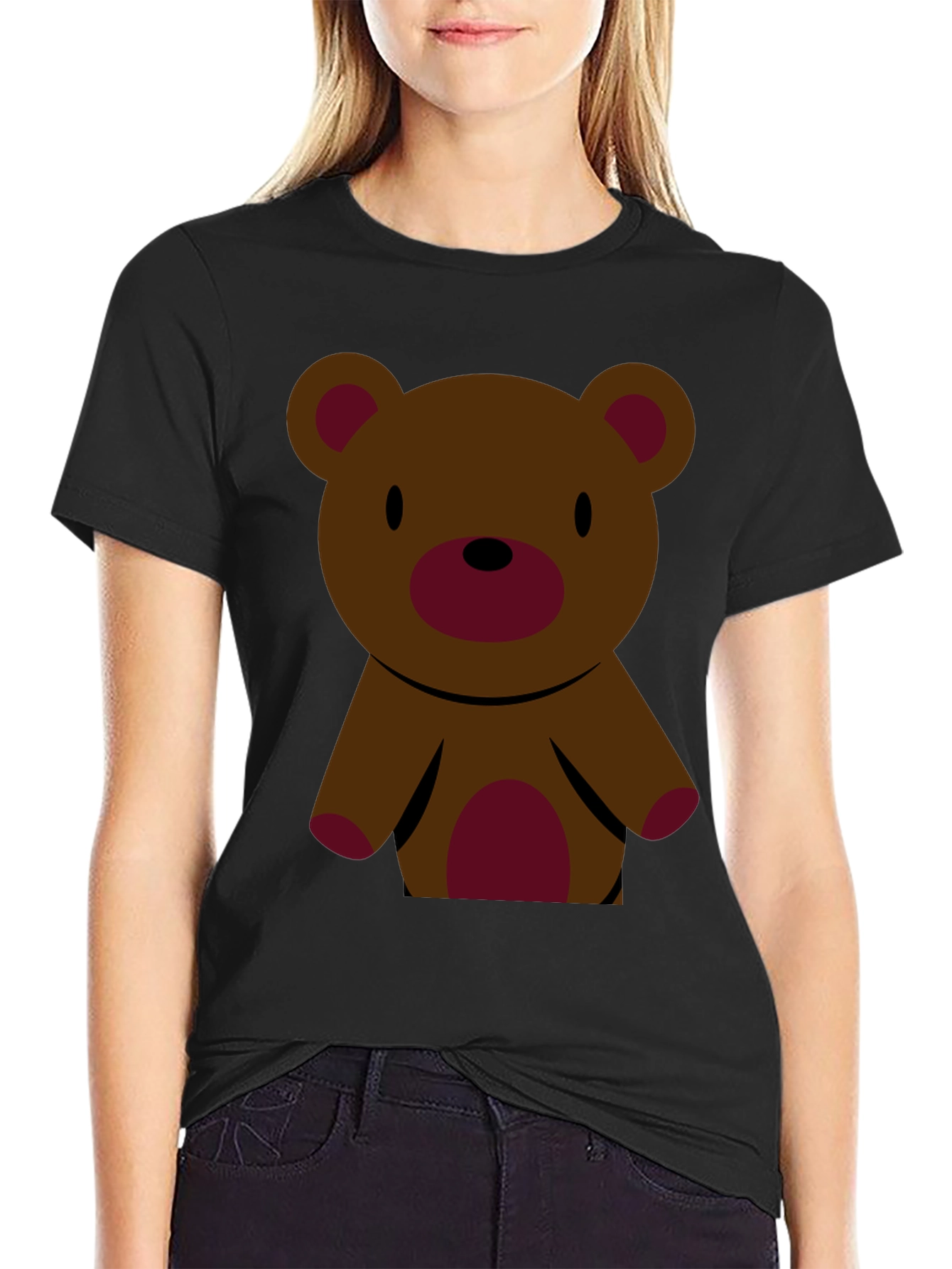 Cute Teddy Bear Graphic Tee - Black Cotton T-Shirt