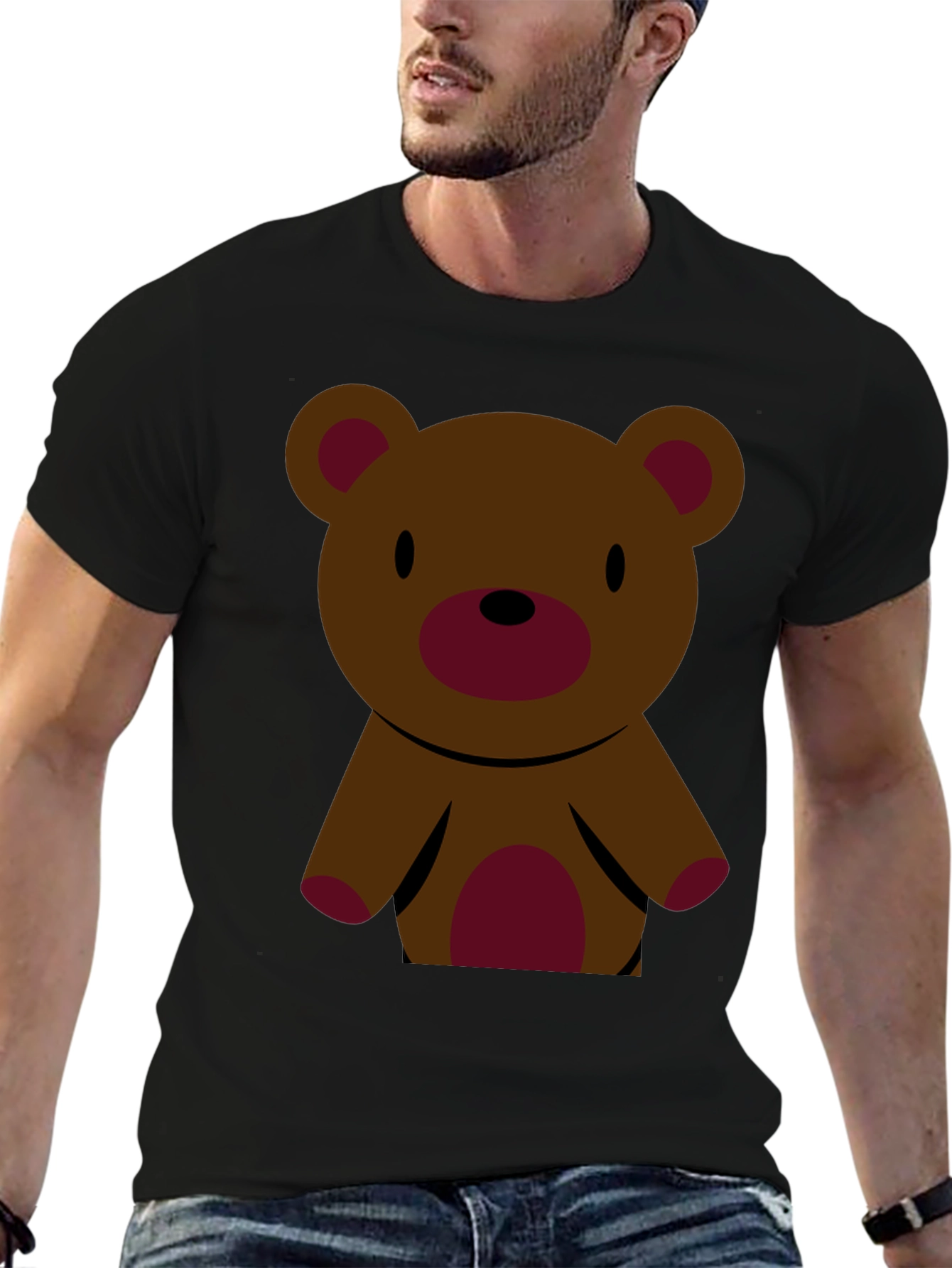 Cute Teddy Bear Graphic Tee - Black Cotton T-Shirt