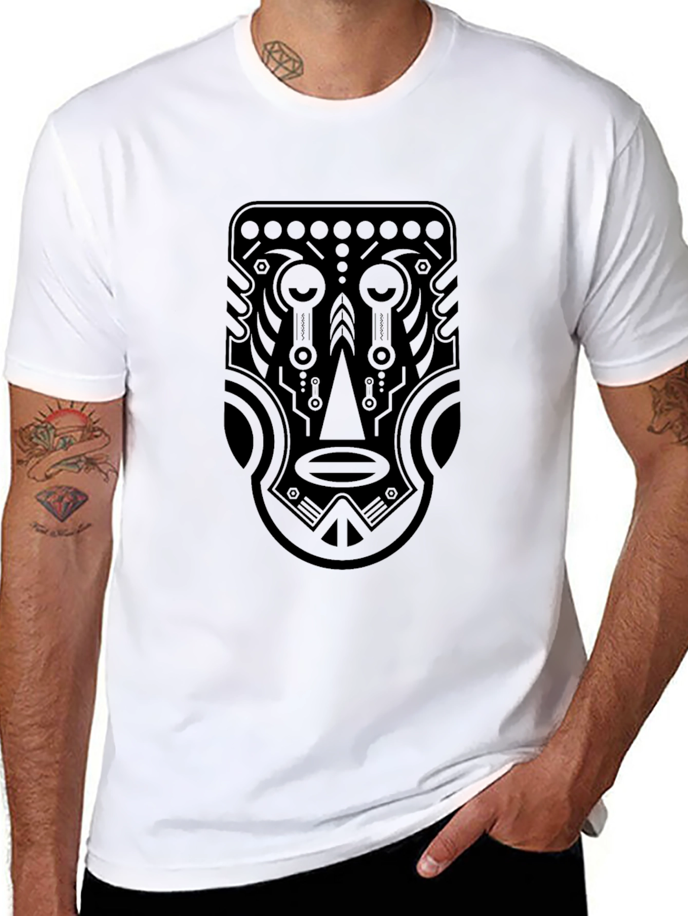 Tribal Mask Graphic Tee - Black Cotton T-Shirt