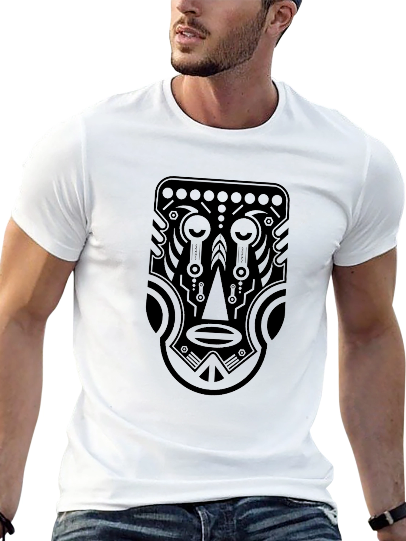 Tribal Mask Graphic Tee - Black Cotton T-Shirt