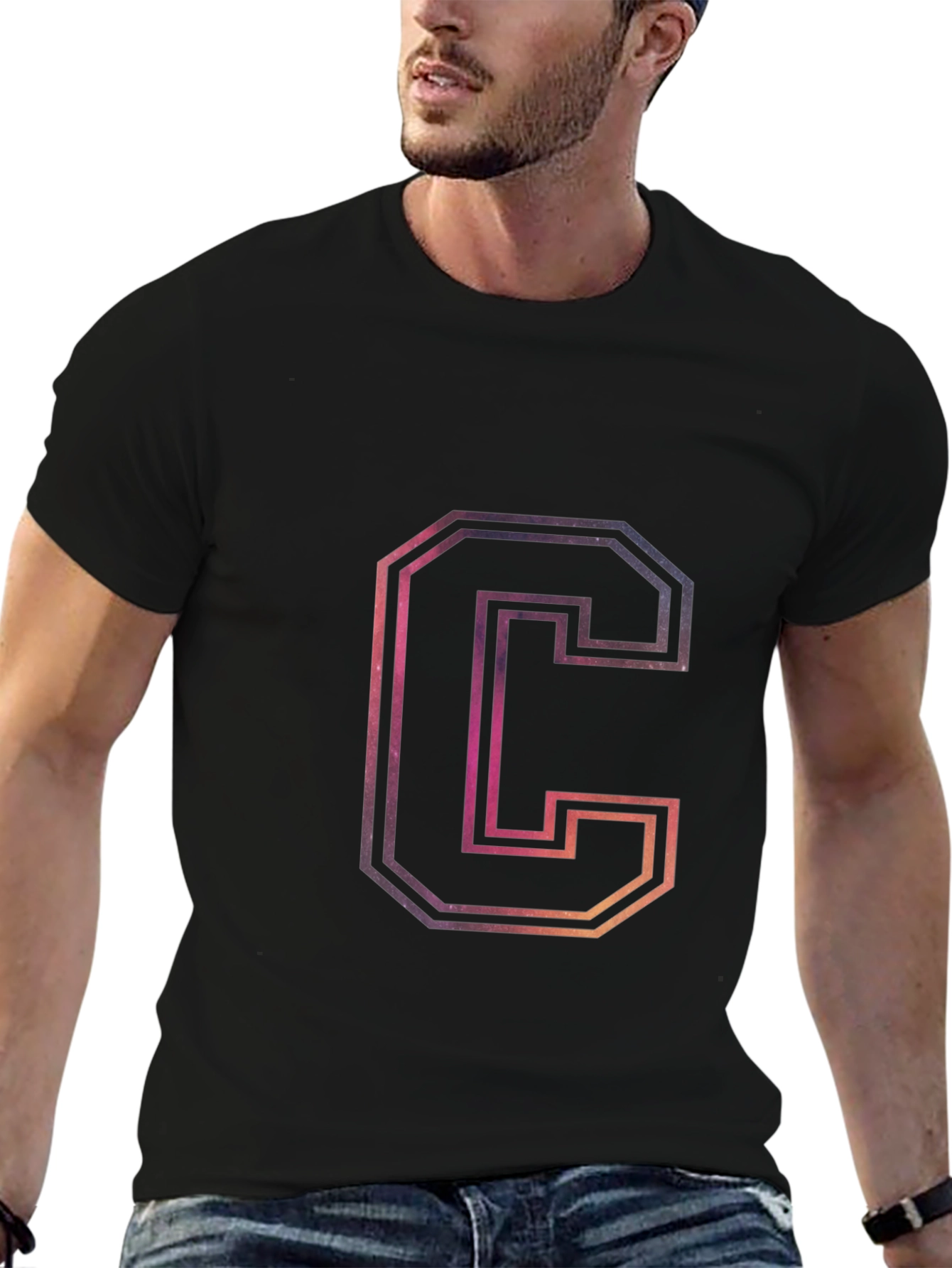 Letter C Galaxy Graphic Black T-Shirt