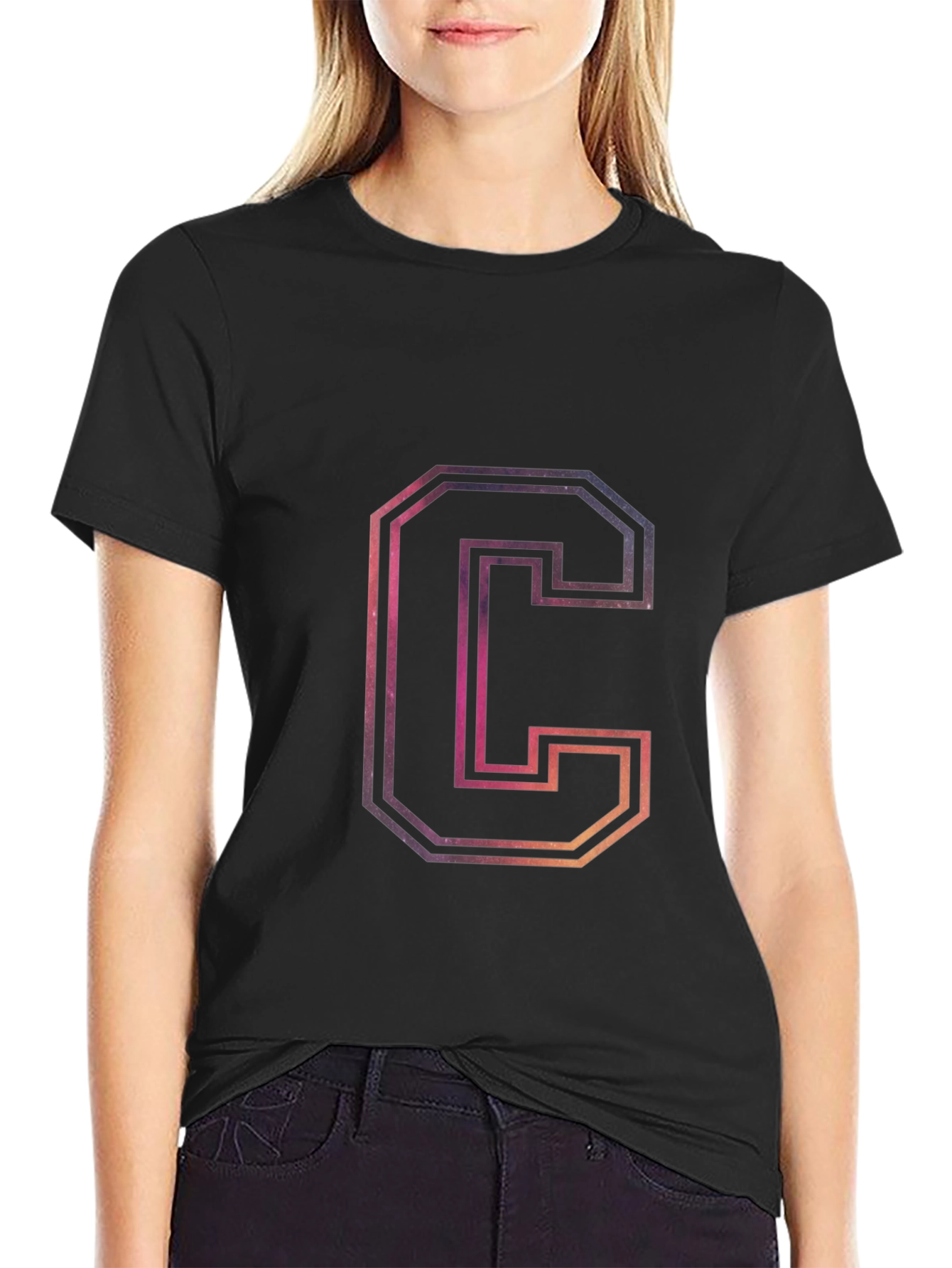 Letter C Galaxy Graphic Black T-Shirt