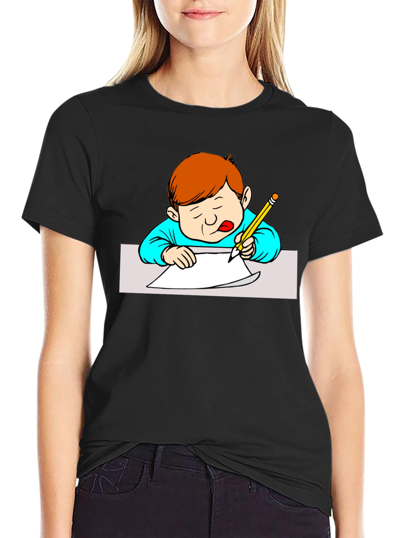Boy Writing Black T-Shirt