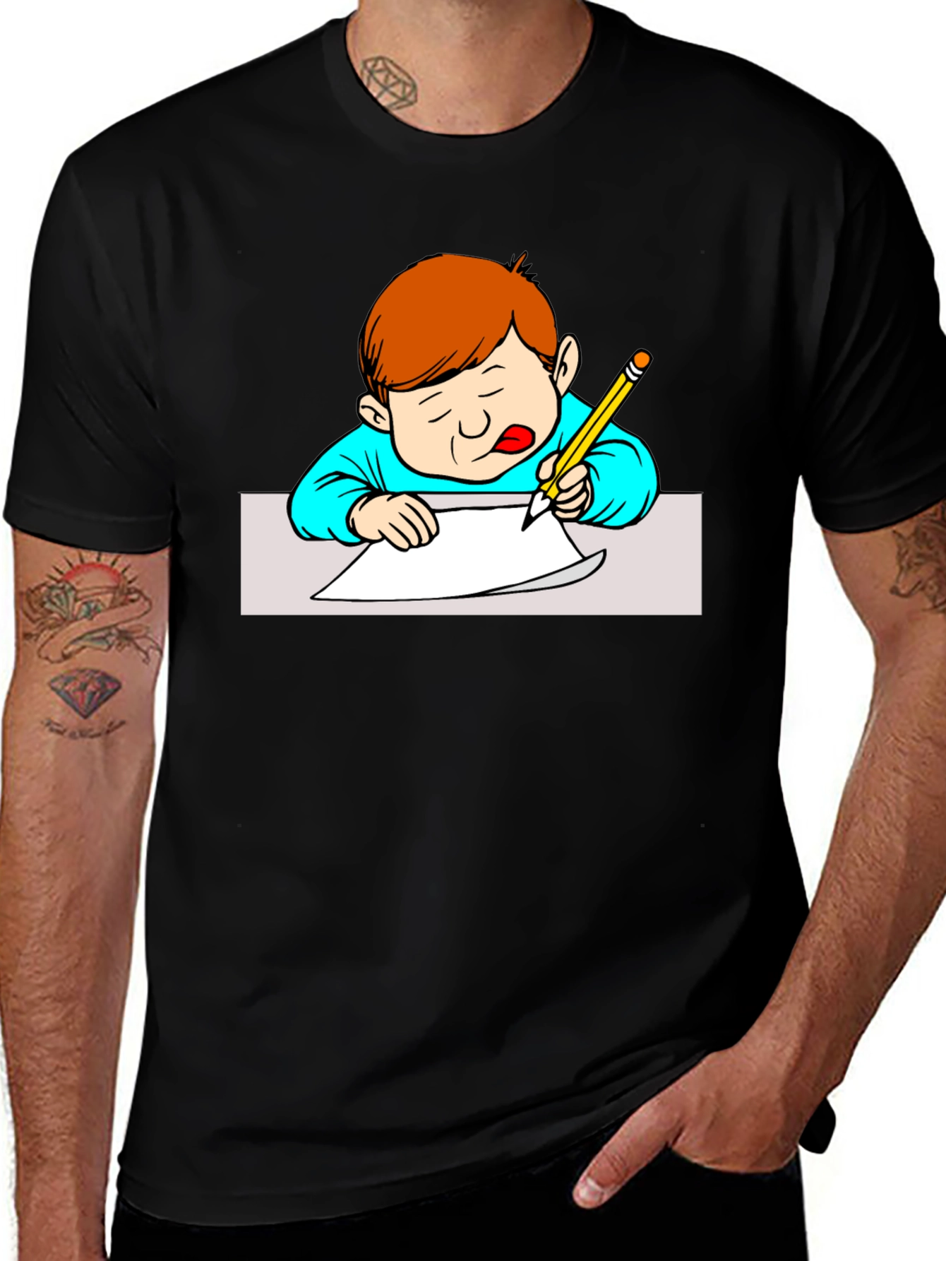 Boy Writing Black T-Shirt