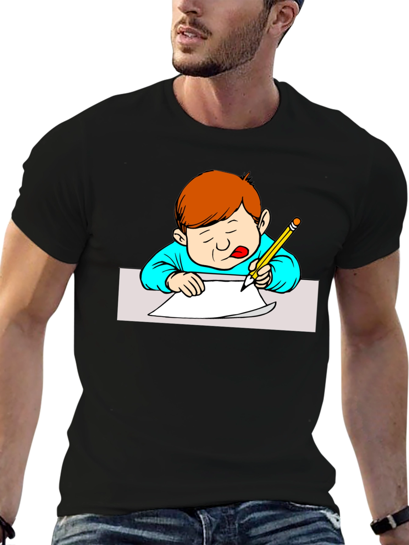 Boy Writing Black T-Shirt