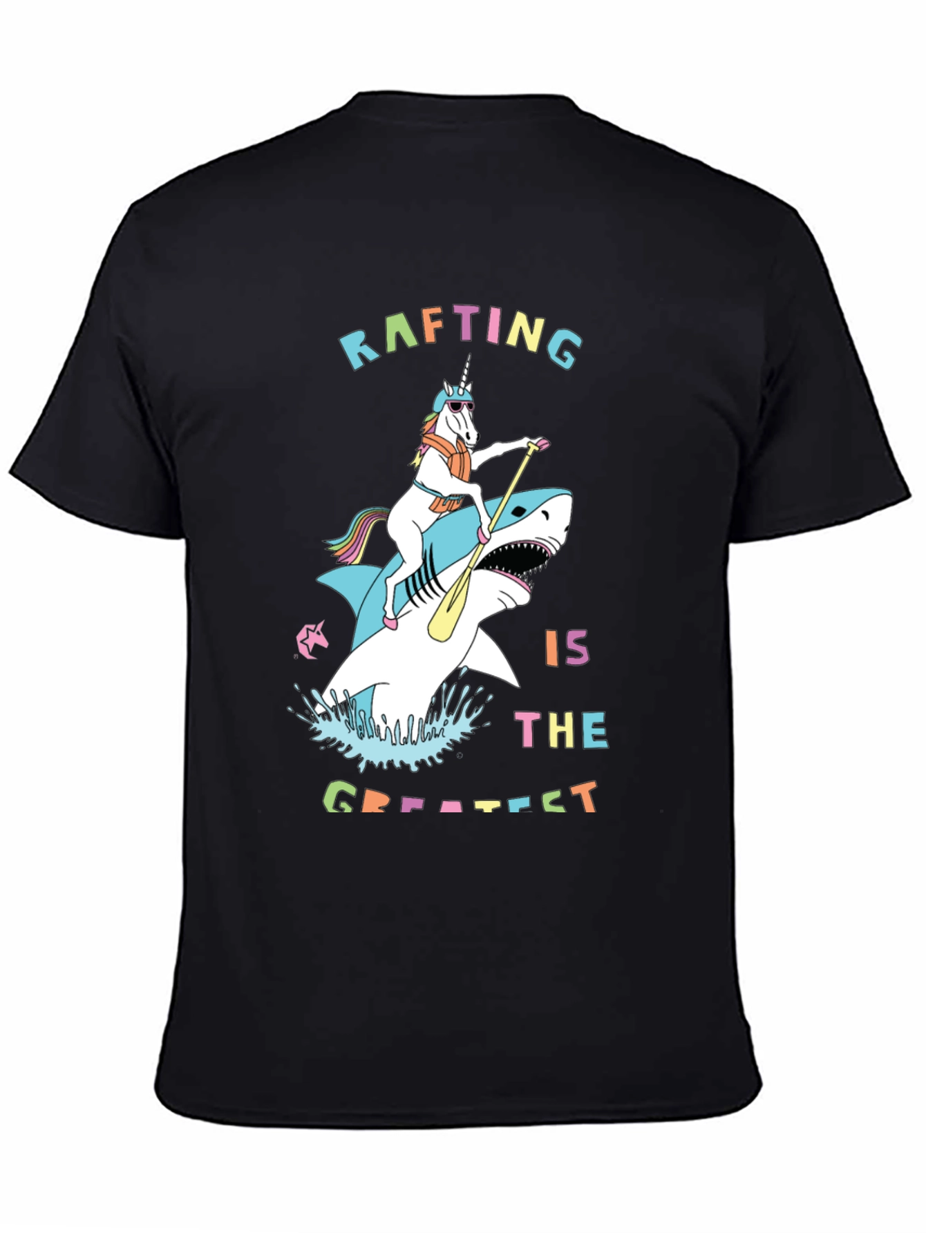 Rafting Shark and Unicorn Black T-Shirt