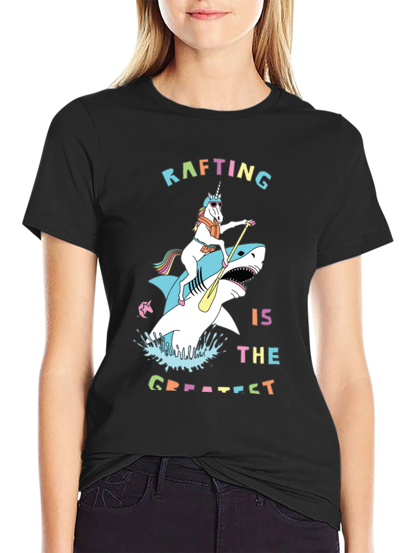 Rafting Shark and Unicorn Black T-Shirt