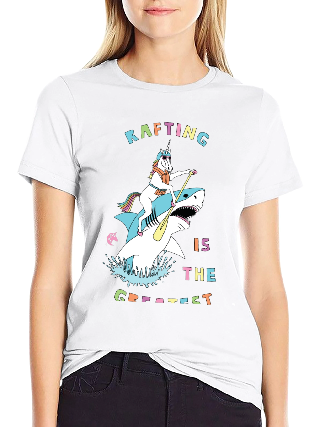 Rafting Shark and Unicorn Black T-Shirt