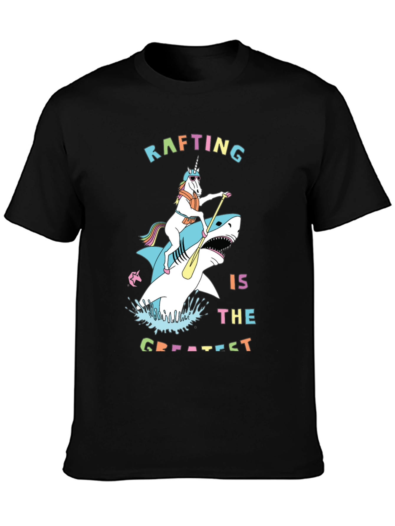 Rafting Shark and Unicorn Black T-Shirt
