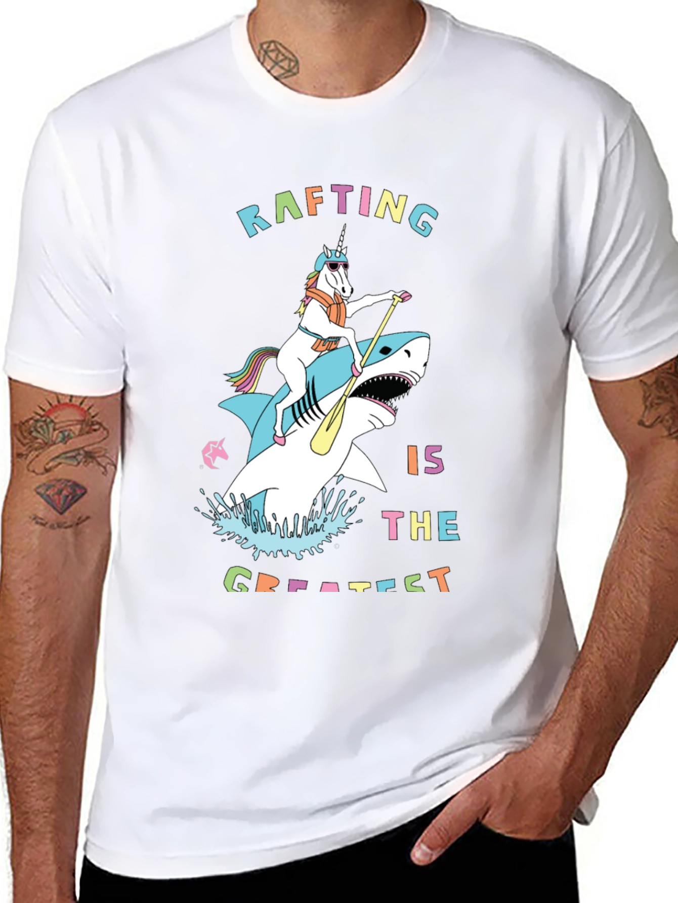Rafting Shark and Unicorn Black T-Shirt